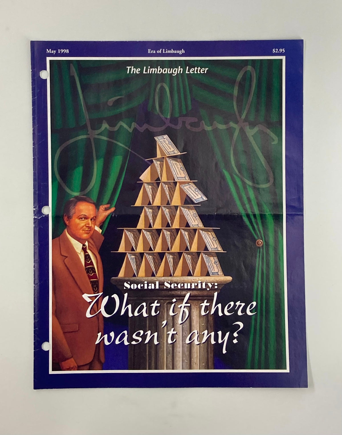 Rush Limbaugh Letter Newsletter Magazine May 1998 cover featuring a prominent side illustration of a man in a suit standing beside a pyramid of money, with the title Social Security: What if there wasn't any?