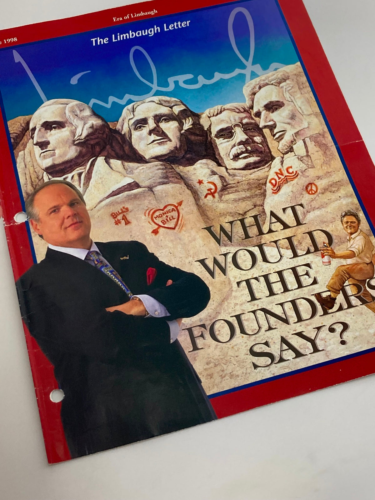Cover image of the Rush Limbaugh Letter Newsletter Magazine, June 1998: What Would The Founders Say? featuring a portrait of Rush Limbaugh and iconic American figures carved into a mountain.