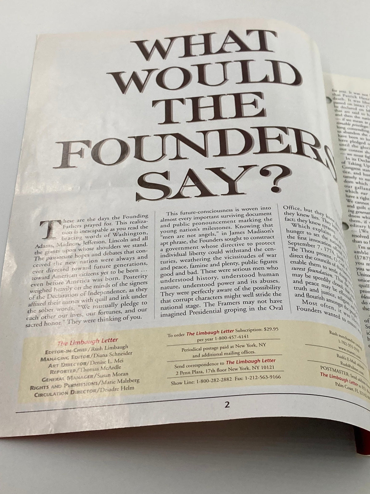 Inside page of the Rush Limbaugh Letter Newsletter Magazine, June 1998: What Would The Founders Say?, focusing on a discussion surrounding the thoughts of the Founding Fathers on contemporary issues.