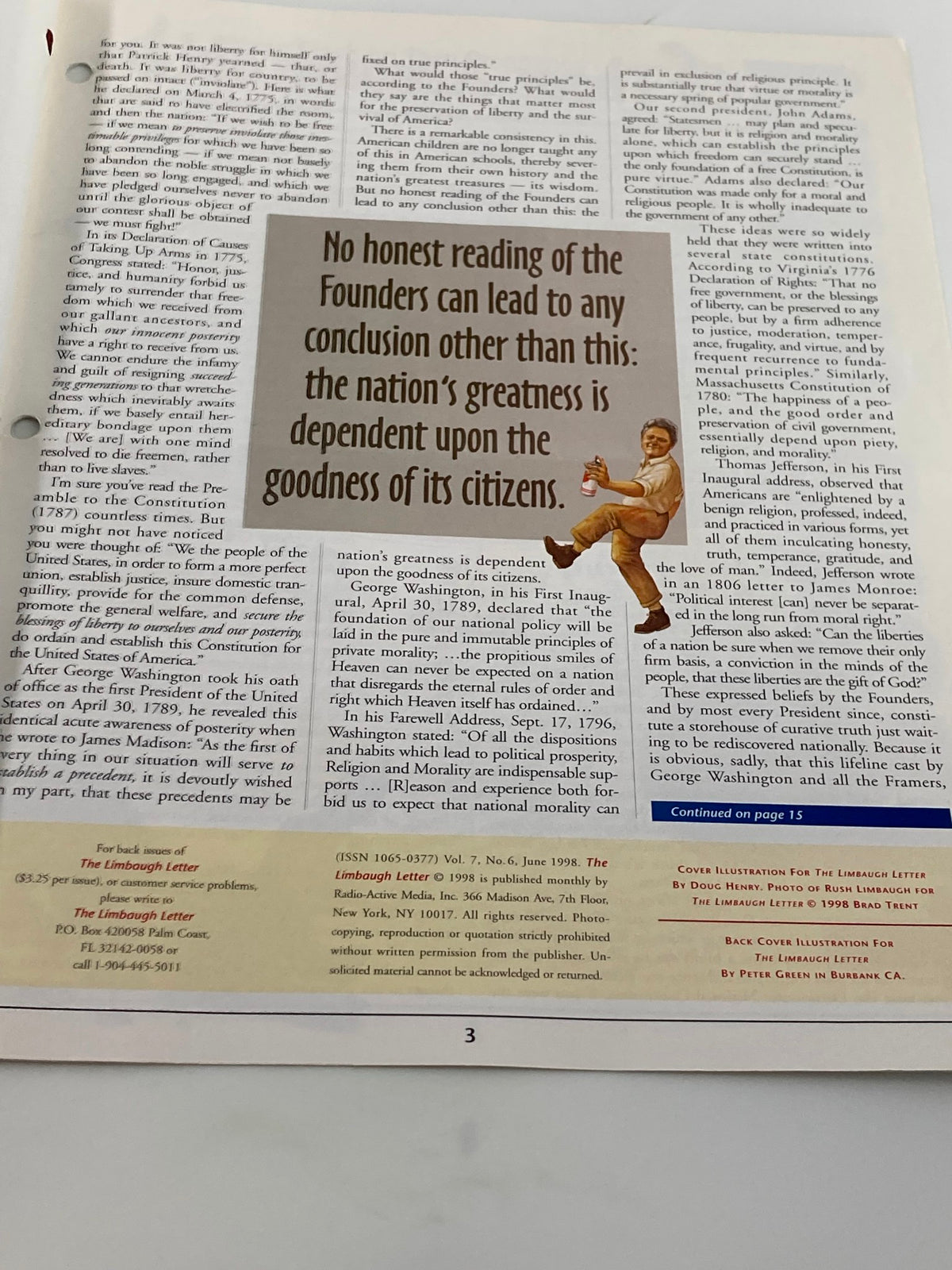 Another inside page of the Rush Limbaugh Letter Newsletter Magazine, June 1998: What Would The Founders Say?, illustrating a viewpoint on the importance of citizens' goodness in relation to the Founders' ideals.