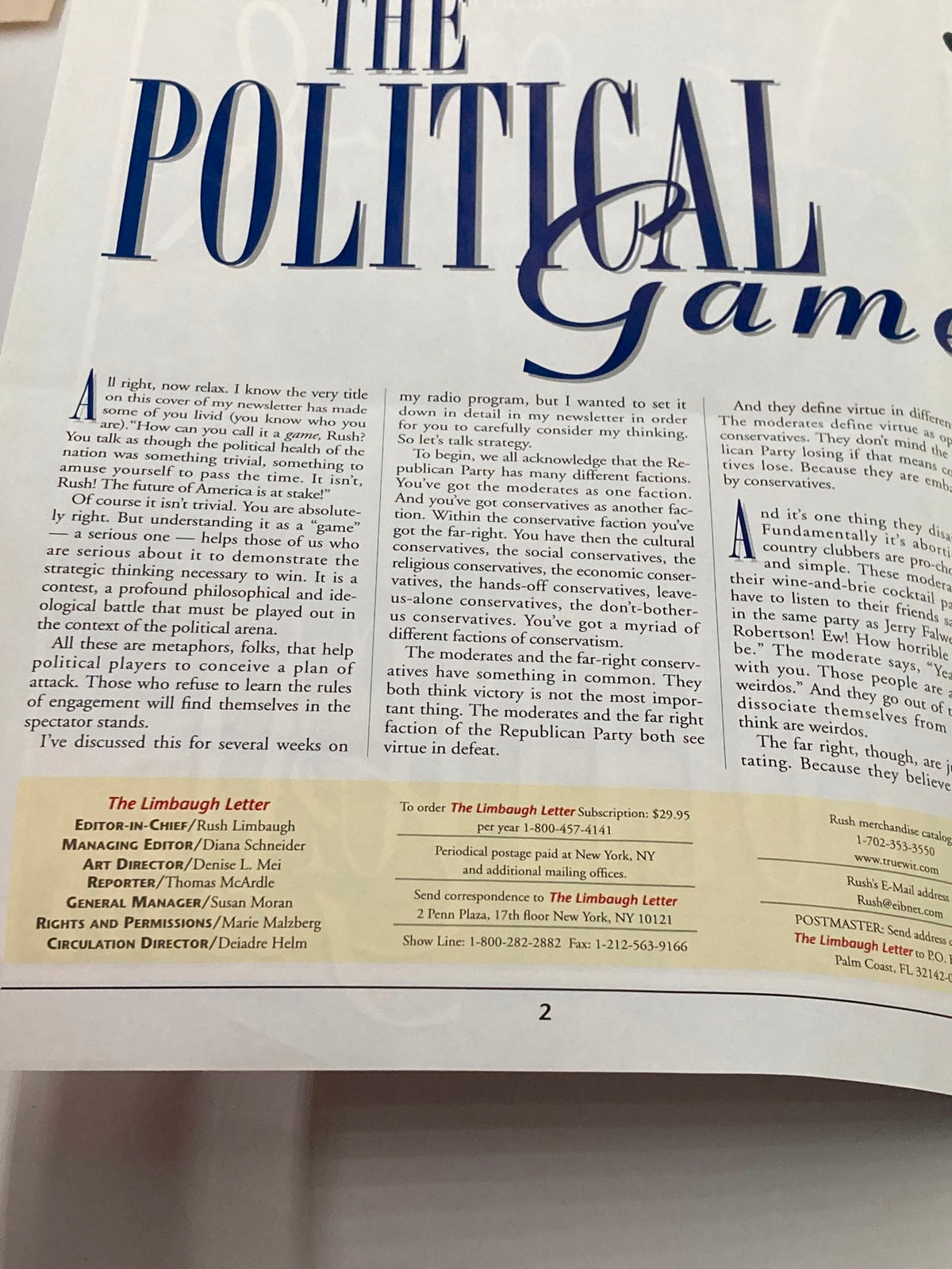 Interior page of the Rush Limbaugh Letter Newsletter Magazine from July 1998, showcasing an excerpt from The Political Game, with details on subscription and editorial information.