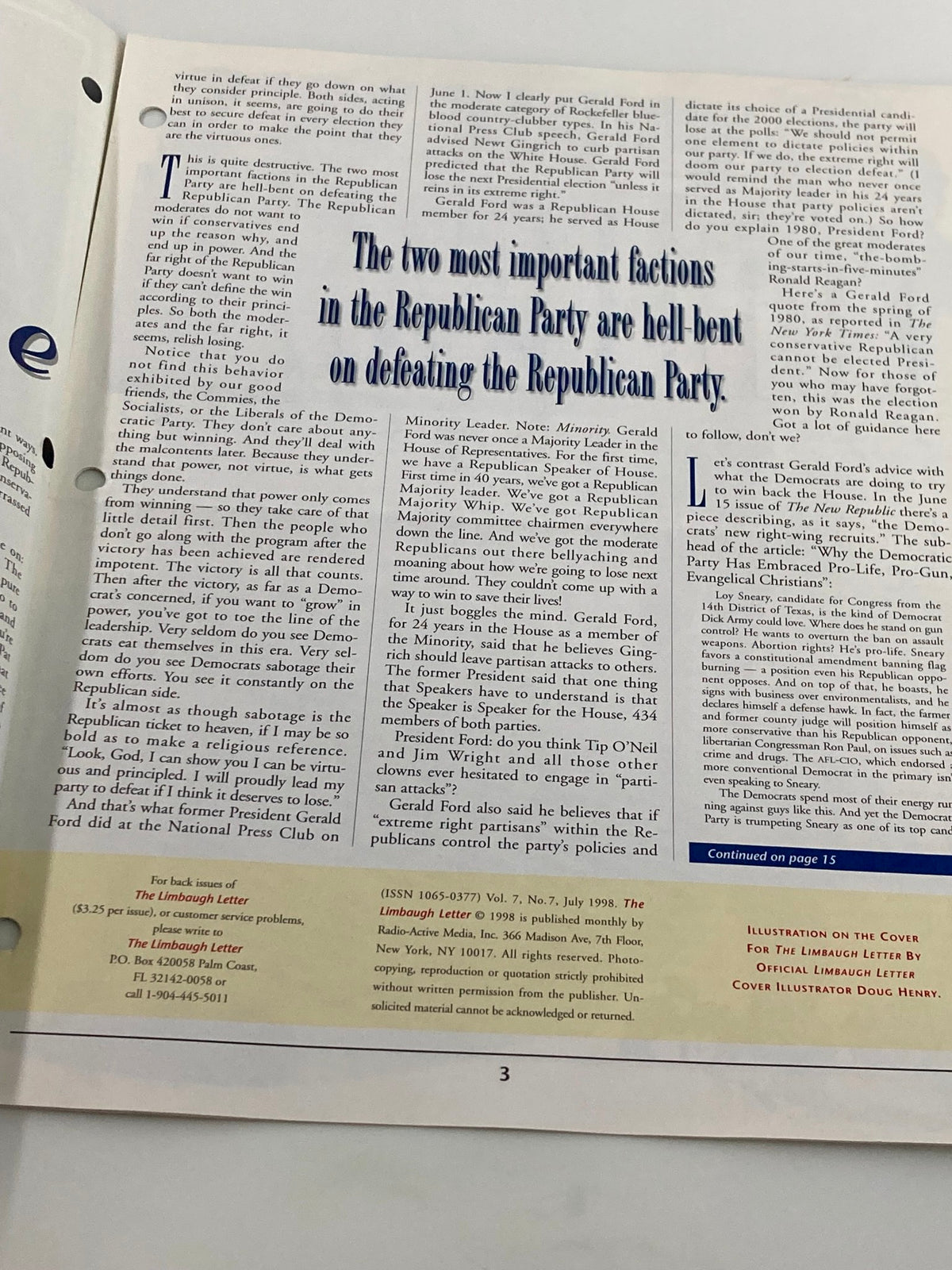 Interior page of the Rush Limbaugh Letter Newsletter Magazine July 1998 discussing the factions in the Republican Party and political commentary, featuring bold text highlighting key points about political dynamics of the time.