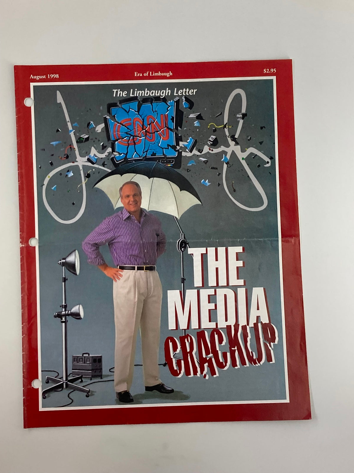 Cover of the Rush Limbaugh Letter Newsletter Magazine from August 1998 titled 'The Media Crack Up', featuring a graphic design that includes a broken television screen displaying 'CNN', an umbrella, and the headline in bold text.