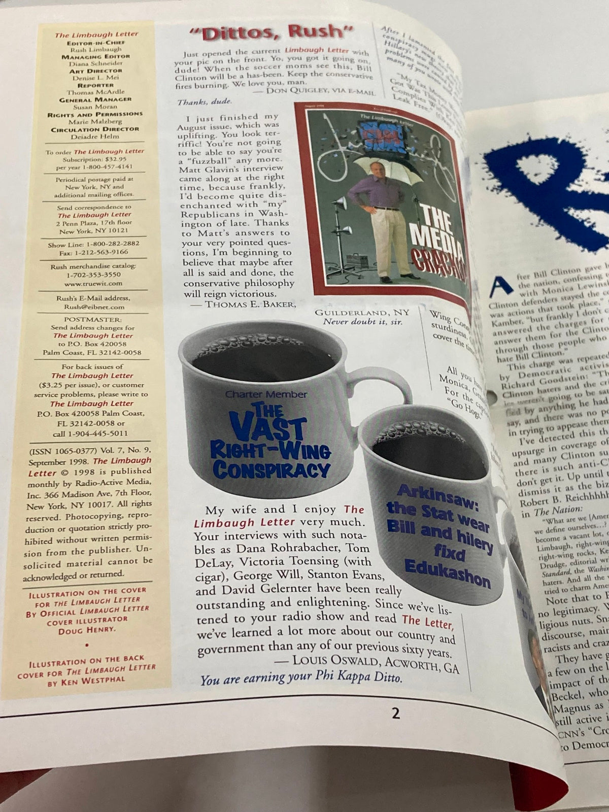 Interior page of the Rush Limbaugh Letter Newsletter Magazine September 1998, showcasing articles and commentary including references to the 'vast right-wing conspiracy' and notable political figures.