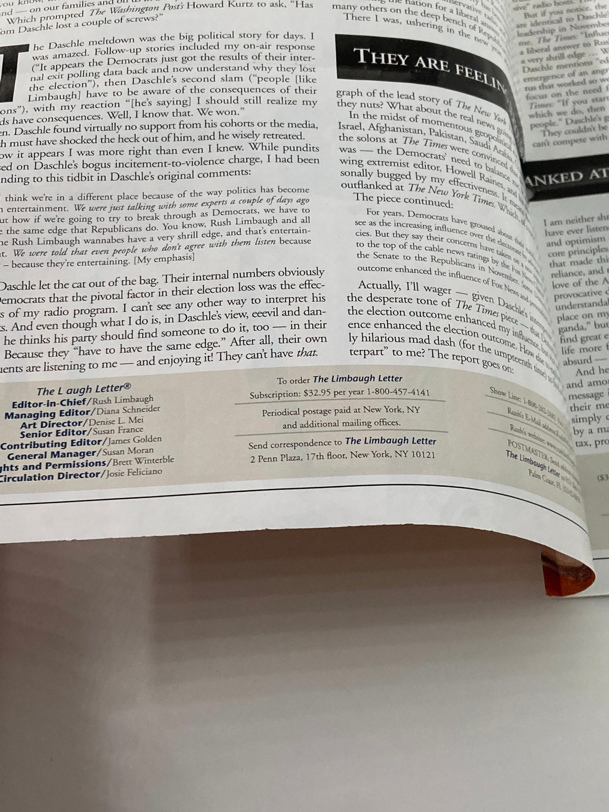 Page from the Rush Limbaugh Letter Newsletter Magazine January 2003 containing editorial credits and subscription information, a notable piece for collectors of vintage media.