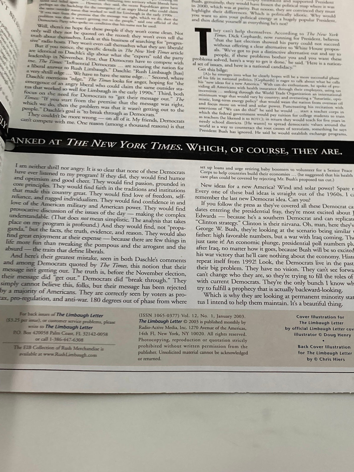 Editorial page from the Rush Limbaugh Letter Newsletter Magazine January 2003 discussing media perspectives and commentary, significant for followers of conservative discourse.