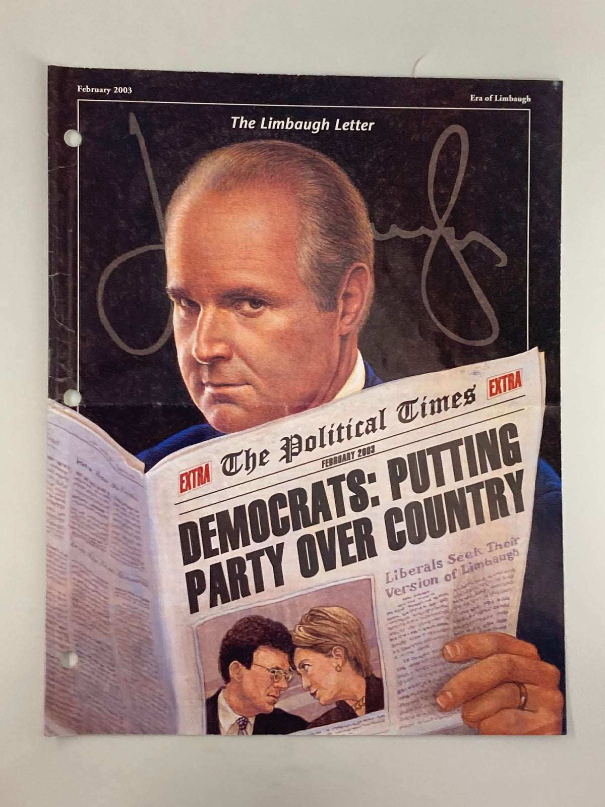 Rush Limbaugh Letter Newsletter Magazine February 2003 cover featuring Rush Limbaugh holding a newspaper with the headline 'Democrats: Putting Party Over Country'.