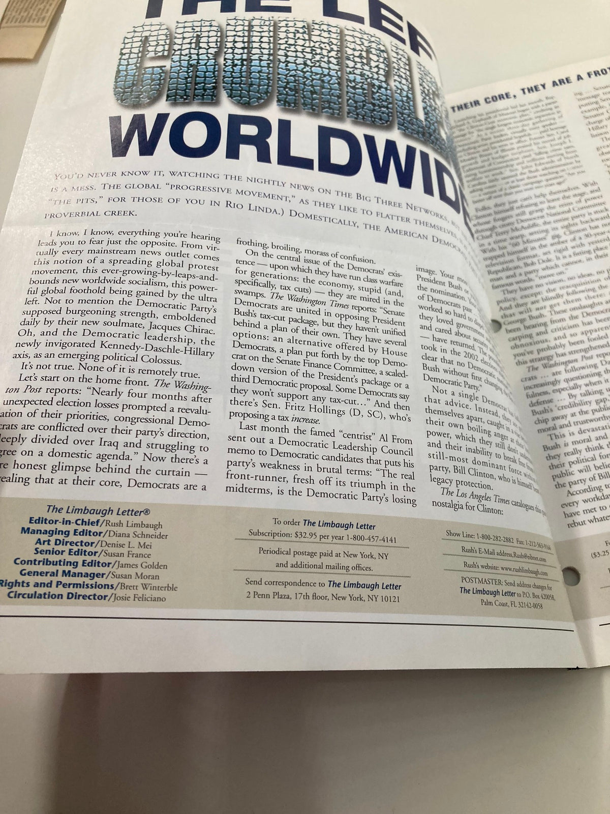 Inside page of Rush Limbaugh Letters Newsletter Magazine March 2003 displaying content related to the cover story 'The Left Crumbles Worldwide'.