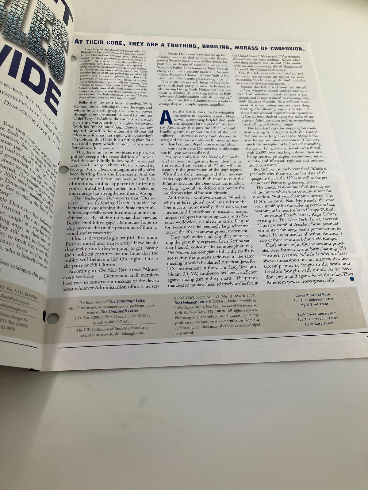 Interior page of the Rush Limbaugh Letters Newsletter Magazine from March 2003 showcasing articles on political discourse and commentary, emphasizing themes of political tensions and power dynamics during the early 2000s.