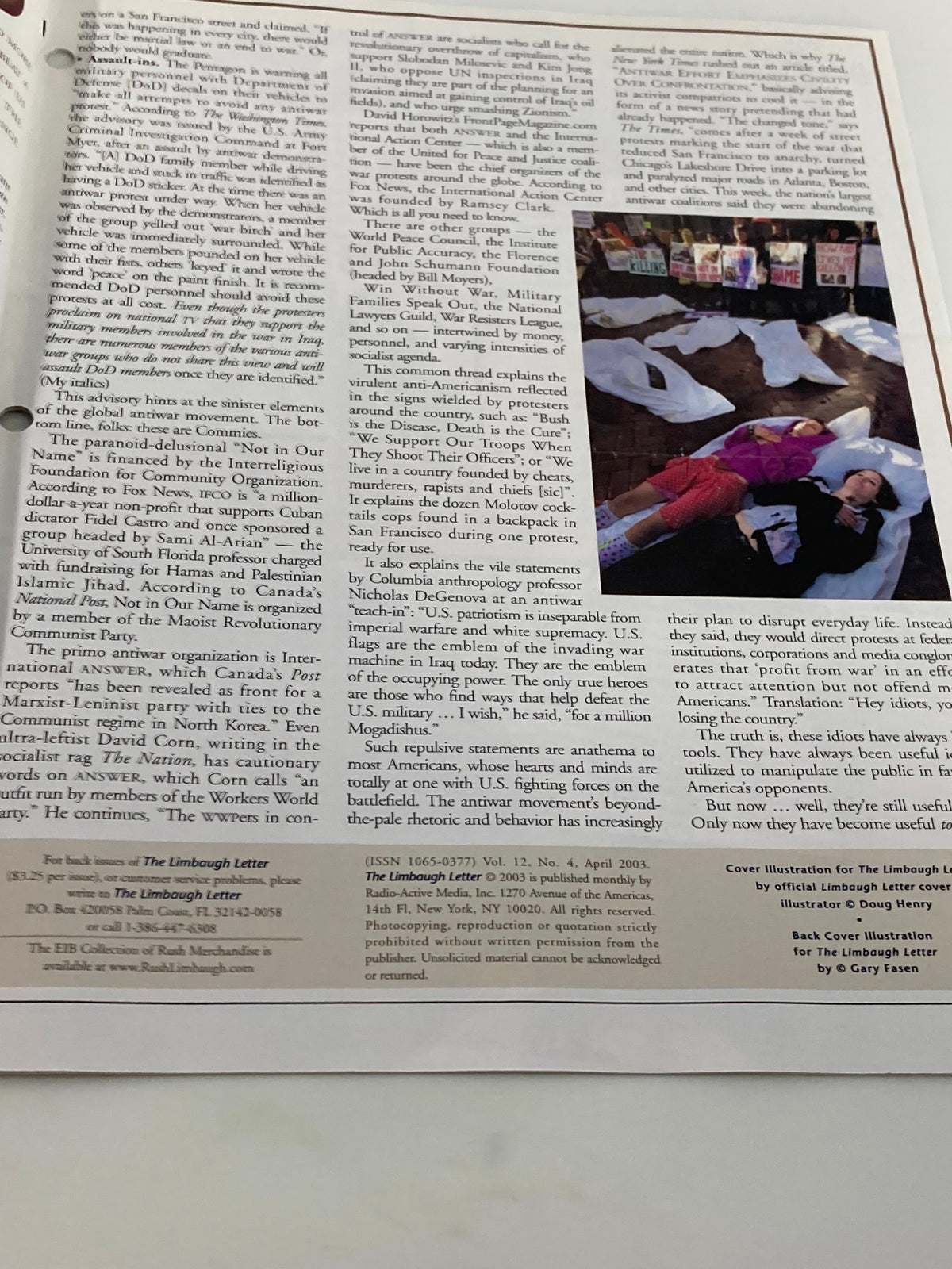 Another interior page from the Rush Limbaugh Letter Newsletter Magazine April 2003, displaying content analyzing political movements and protests, providing insight into the era's social dynamics.