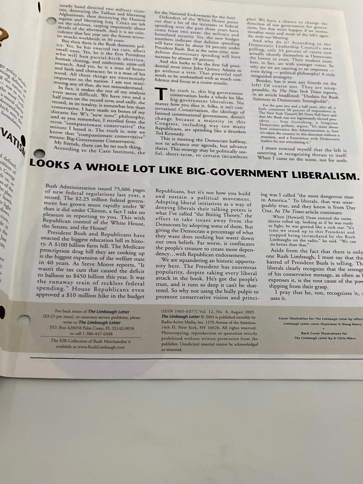 Rush Limbaugh Letter Newsletter Magazine August 2003, highlighting a discussion on big-government conservatism and its alignment with liberal policies in the context of the political climate of the time.