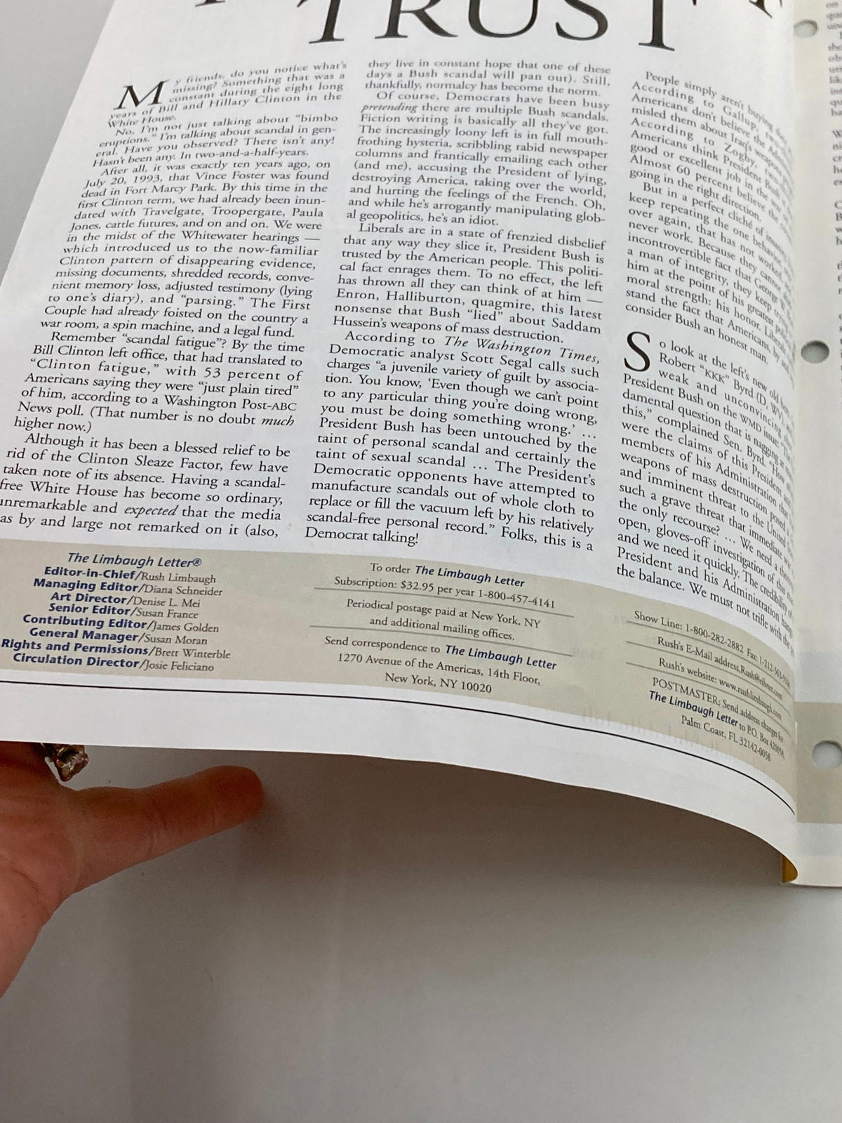 Inside page of the Rush Limbaugh Letter July 2003, showcasing an article related to 'The Power of Trust'.