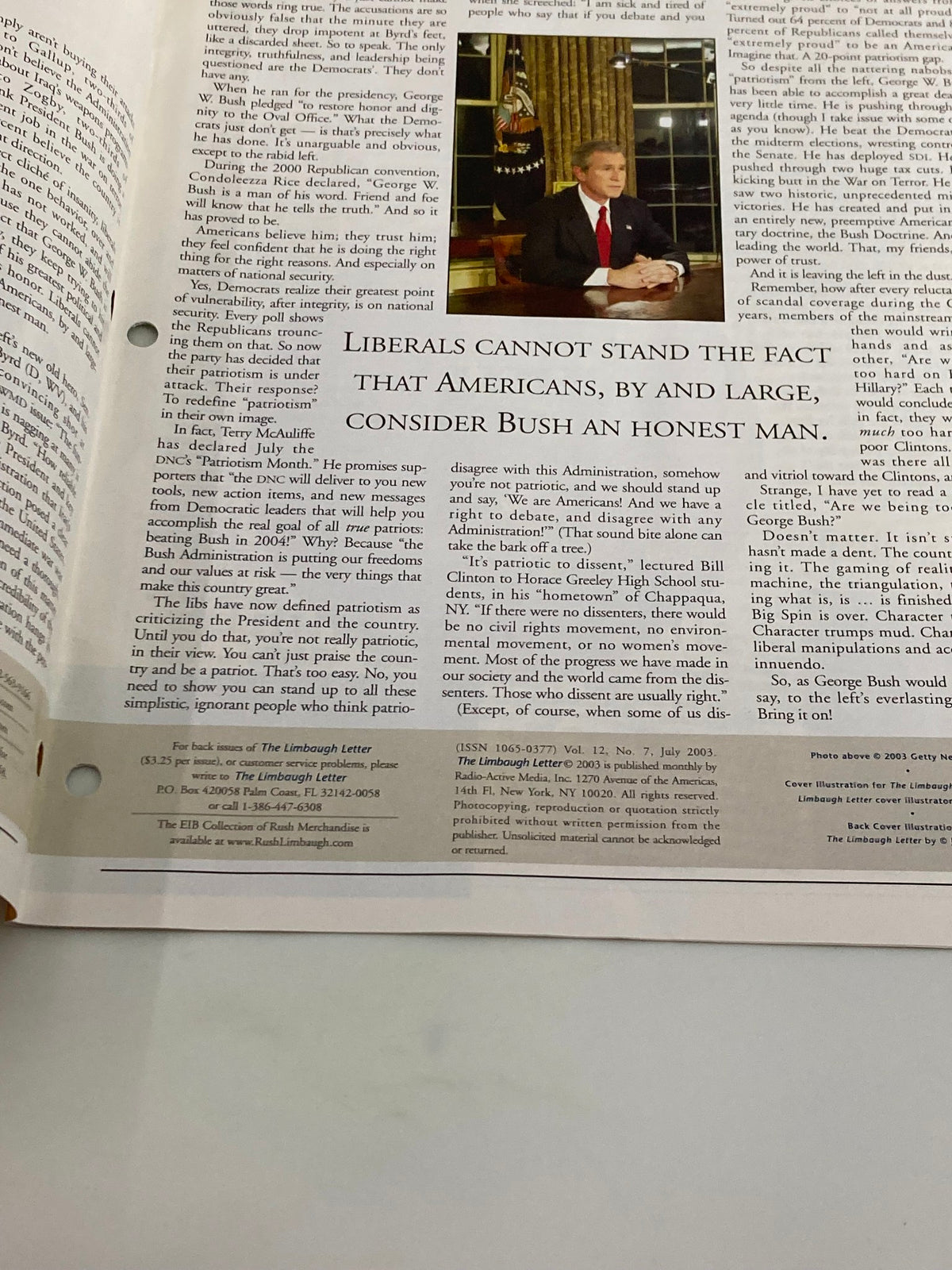 Another inside page from the Rush Limbaugh Letter July 2003, featuring commentary on political views and the Bush administration under the theme 'The Power of Trust'.