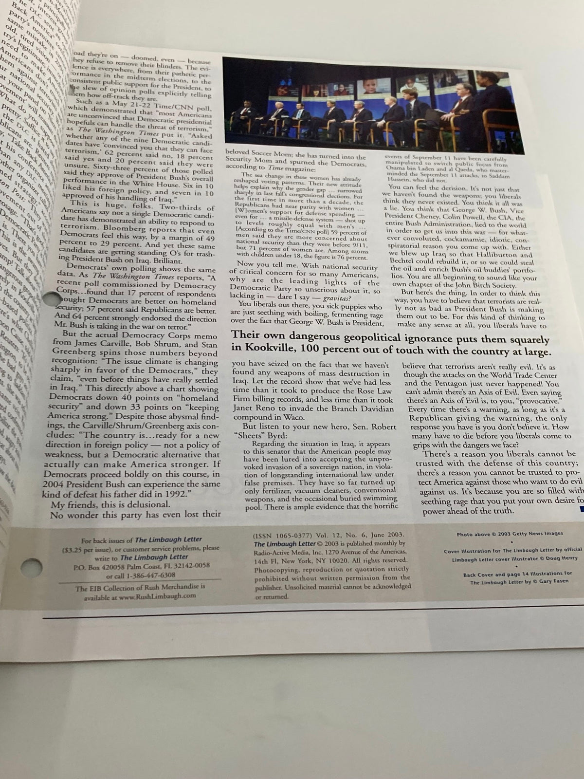 Interior page from the Rush Limbaugh Letter Newsletter Magazine June 2003, featuring political commentary and insights titled 'Not Safe to Vote Democrat'.