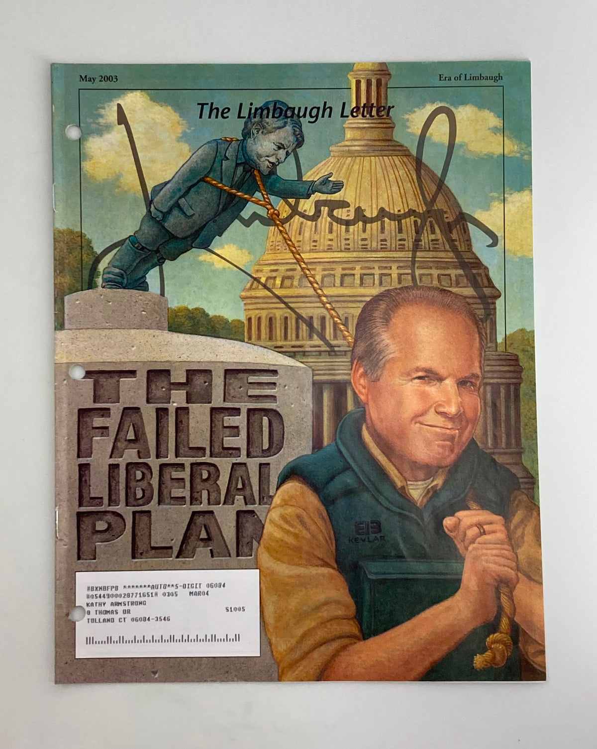 Rush Limbaugh Letter Newsletter Magazine May 2003, titled 'The Failed Liberal Plan', featuring a cover illustration of Rush Limbaugh and a statue, showcasing insights into early 2000s political commentary.