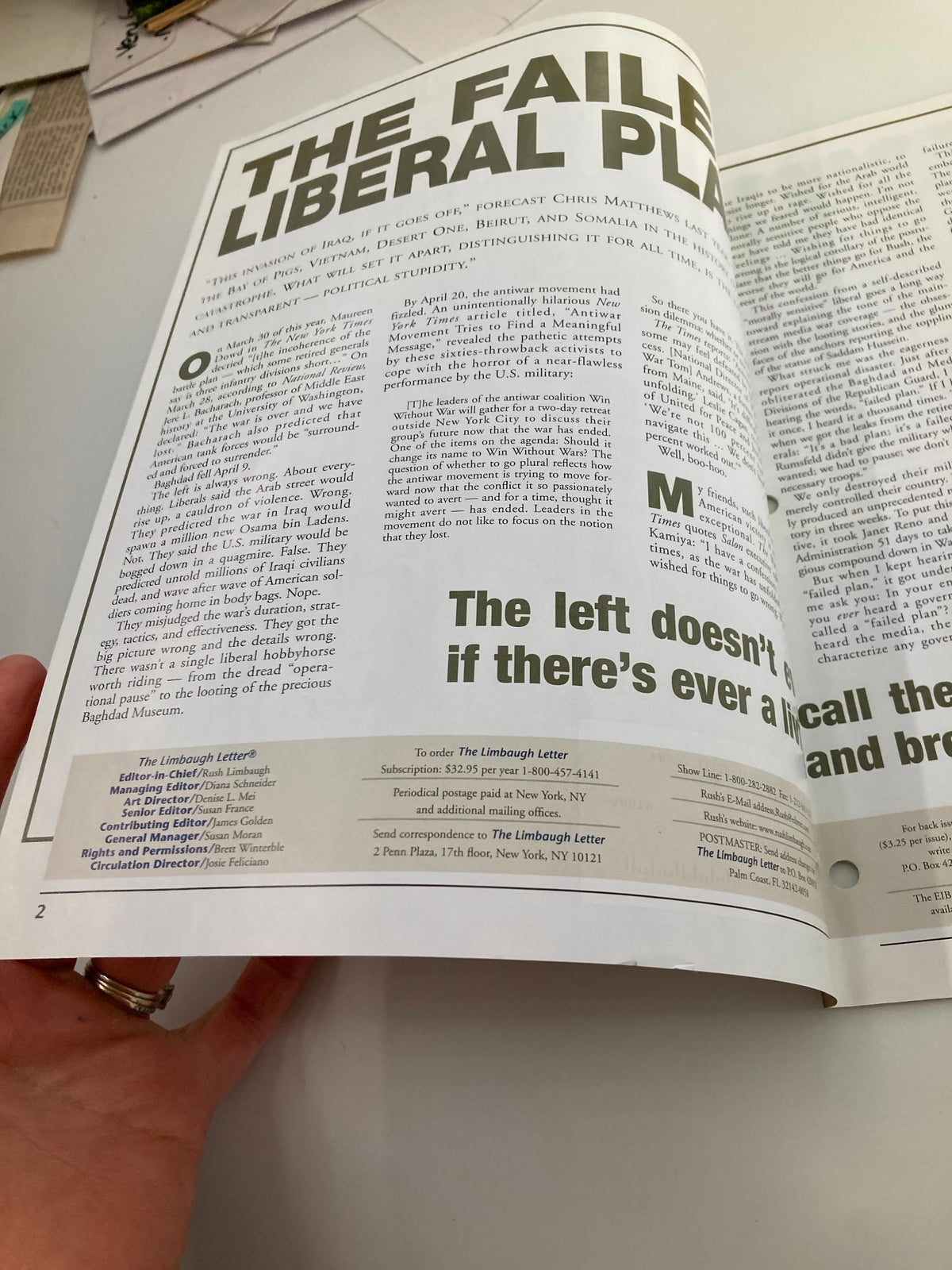 Interior page of the Rush Limbaugh Letter Newsletter Magazine from May 2003, titled 'The Failed Liberal Plan', showcasing political commentary and insights on contemporary political issues.