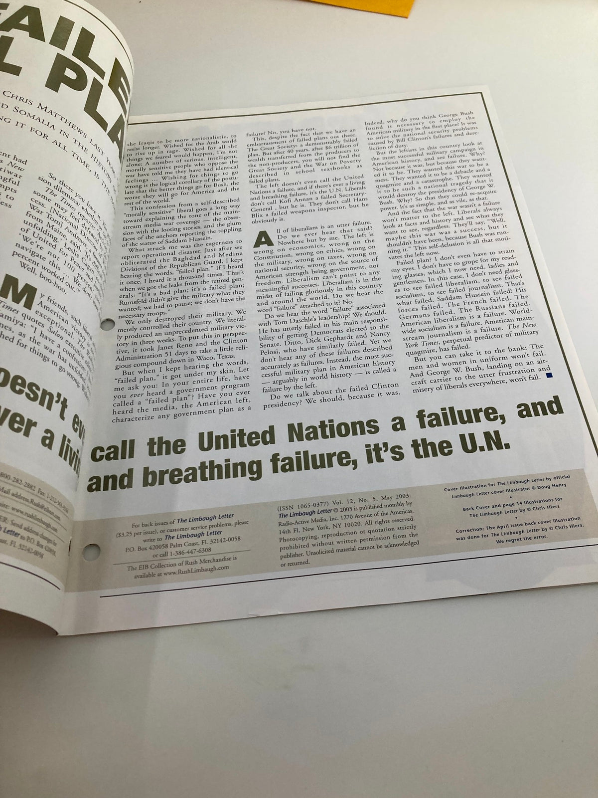 Another interior page of the Rush Limbaugh Letter Newsletter Magazine from May 2003, featuring text discussing the United Nations and political perspectives on failures in governance.