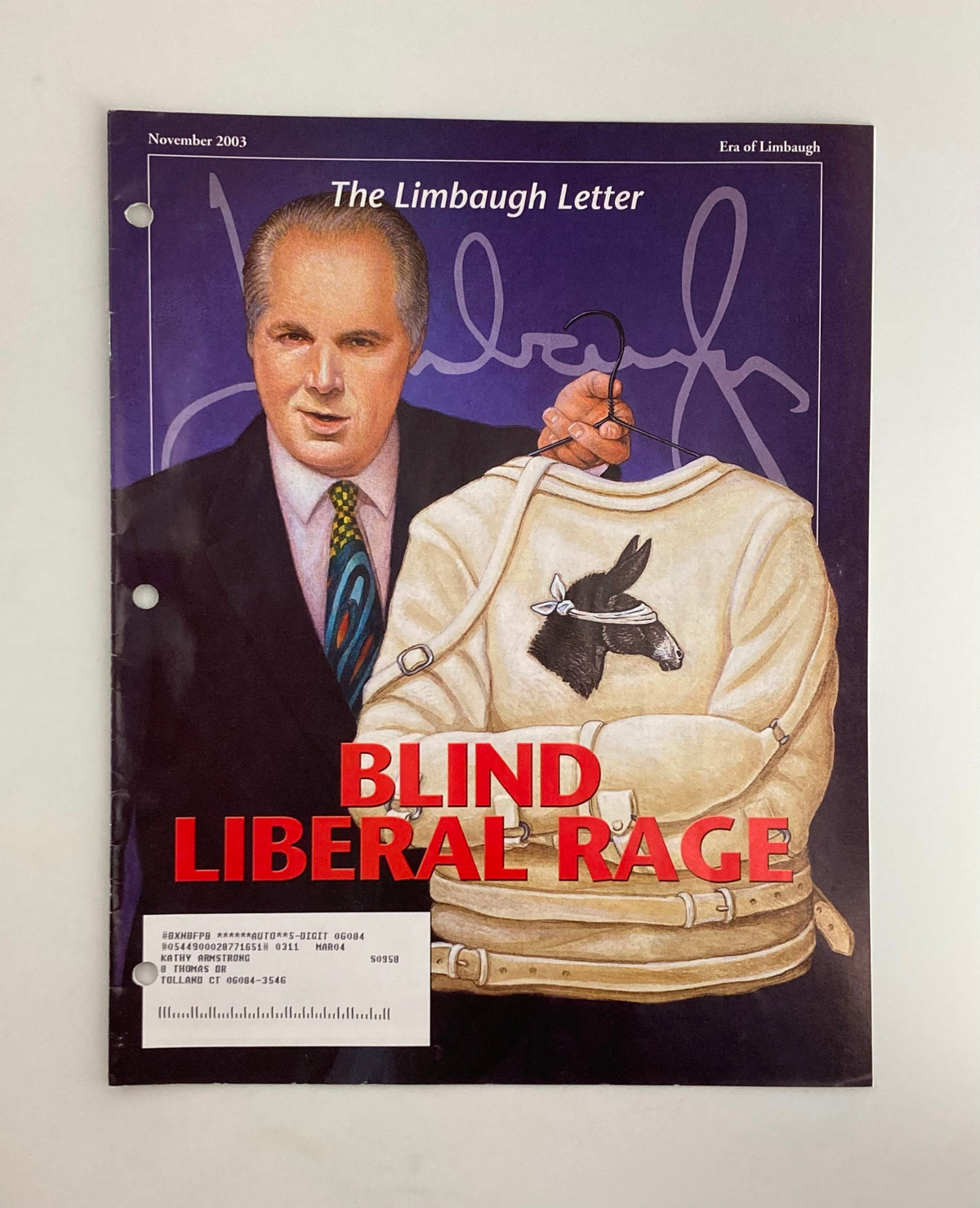 Cover of Rush Limbaugh Letters Newsletter - November 2003 featuring the title 'Blind Liberal Rage' with a stylized illustration. A striking image related to the theme of rage in political discourse.