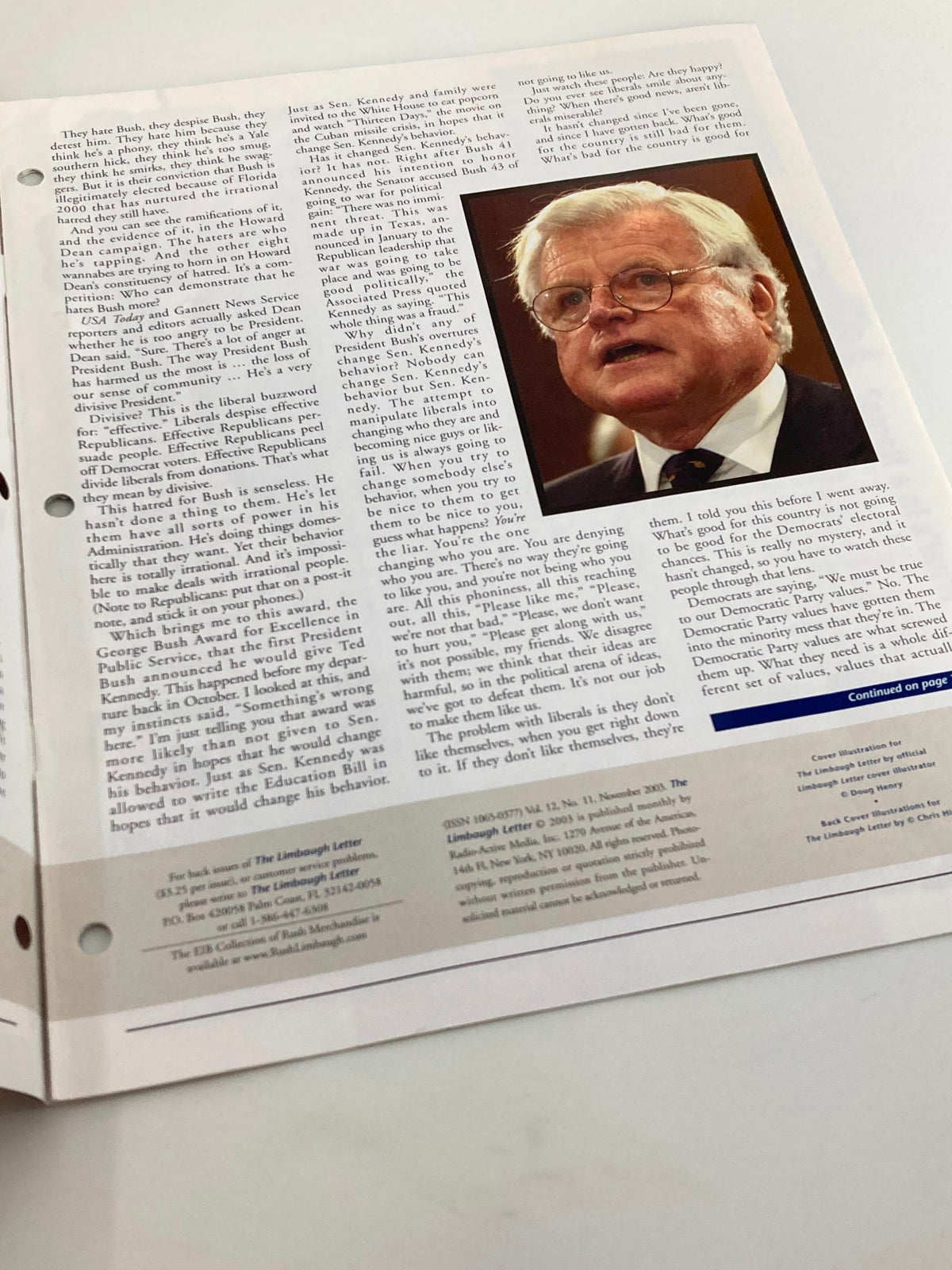 Another interior page of Rush Limbaugh Letters Newsletter - November 2003 featuring commentary on political figures, enhancing the discussion from the previous article about liberal sentiments towards Bush.