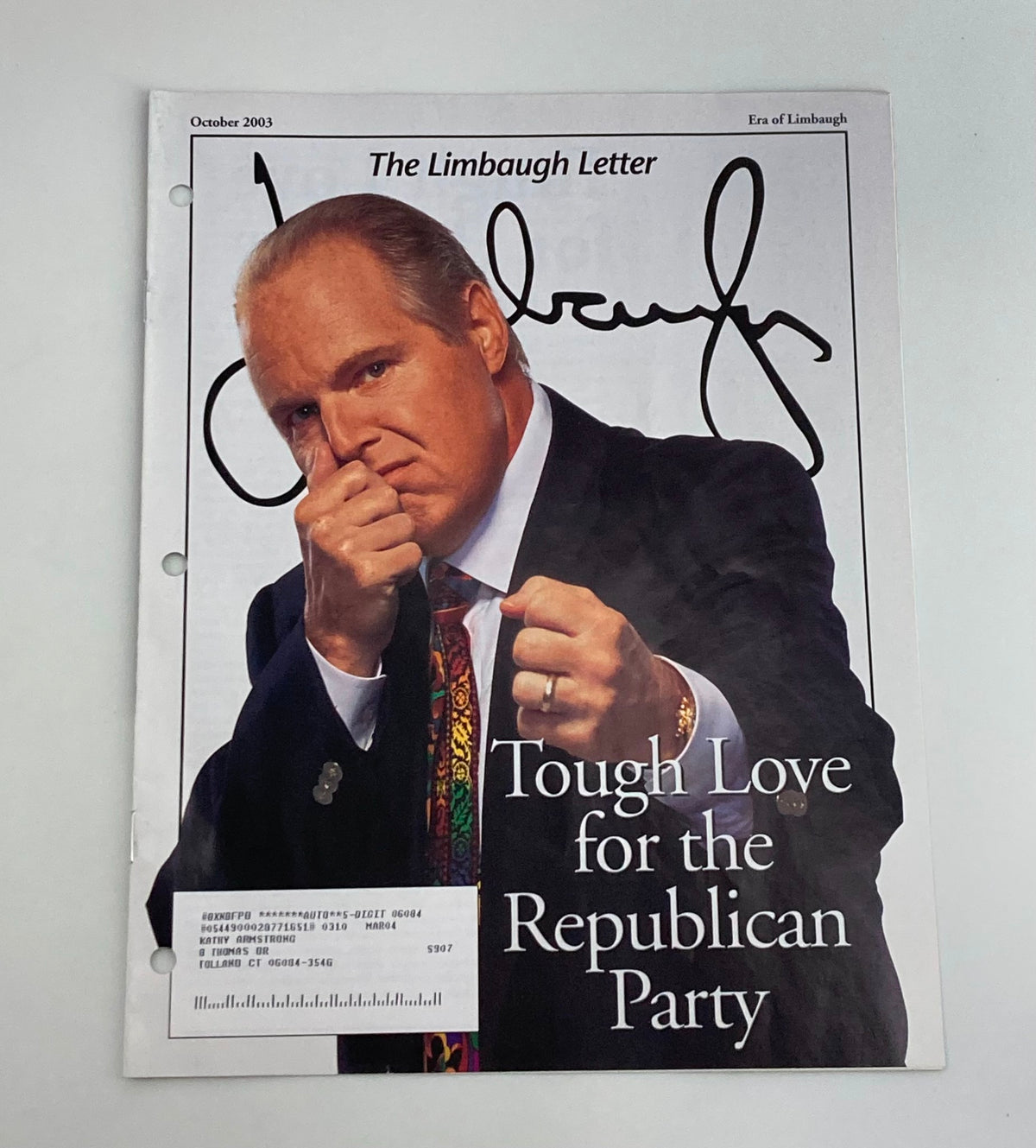 Rush Limbaugh Letter Newsletter Magazine October 2003 edition featuring cover article 'Tough Love for the Republican Party' with a photo of Rush Limbaugh.