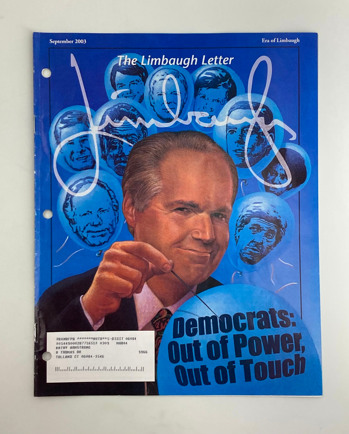Rush Limbaugh Letter Newsletter Magazine from September 2003 featuring the title 'Democrats: Out of Power, Out of Touch' with a cover illustration of Rush Limbaugh.