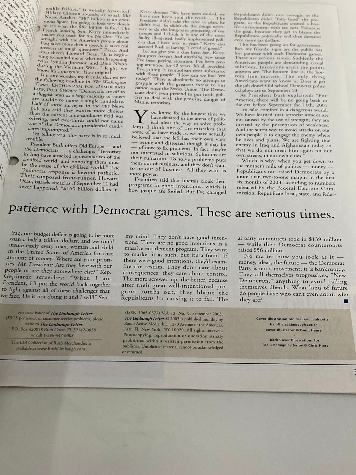 Another interior page from the Rush Limbaugh Letter Newsletter Magazine, September 2003, showcasing insights on political strategies and commentary on the Democrat agenda.