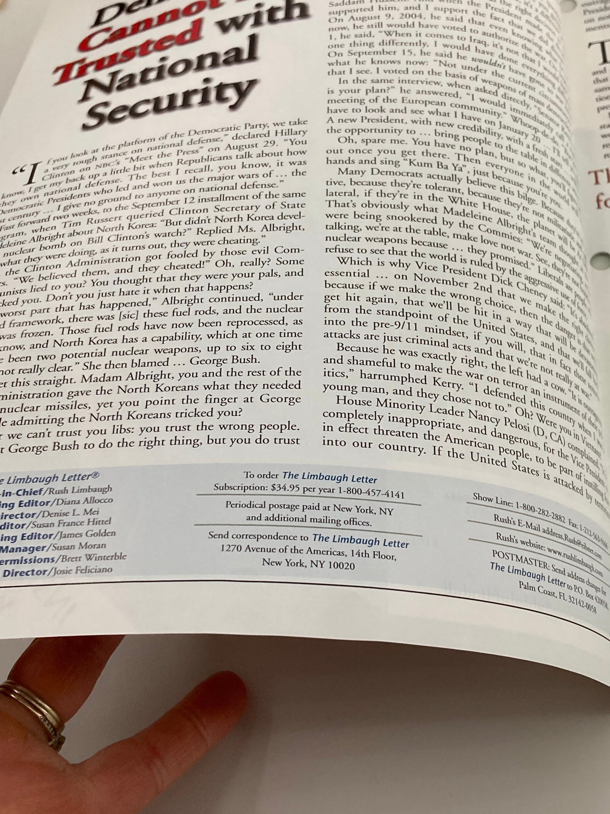 Interior page of the Rush Limbaugh Letter Newsletter Magazine September 2004, displaying text and commentary on national security issues and political analysis.