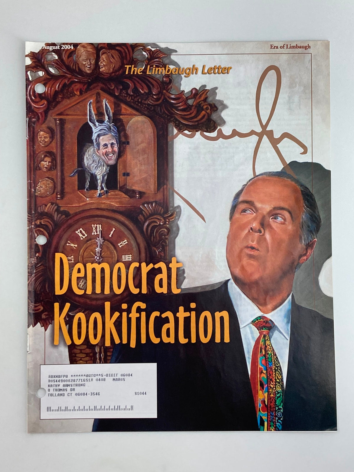 Rush Limbaugh Letter Newsletter Magazine August 2004 cover featuring 'Democrat Kookification' with a detailed illustration of a surprised man and an accompanying character, reflecting the political themes of the era.