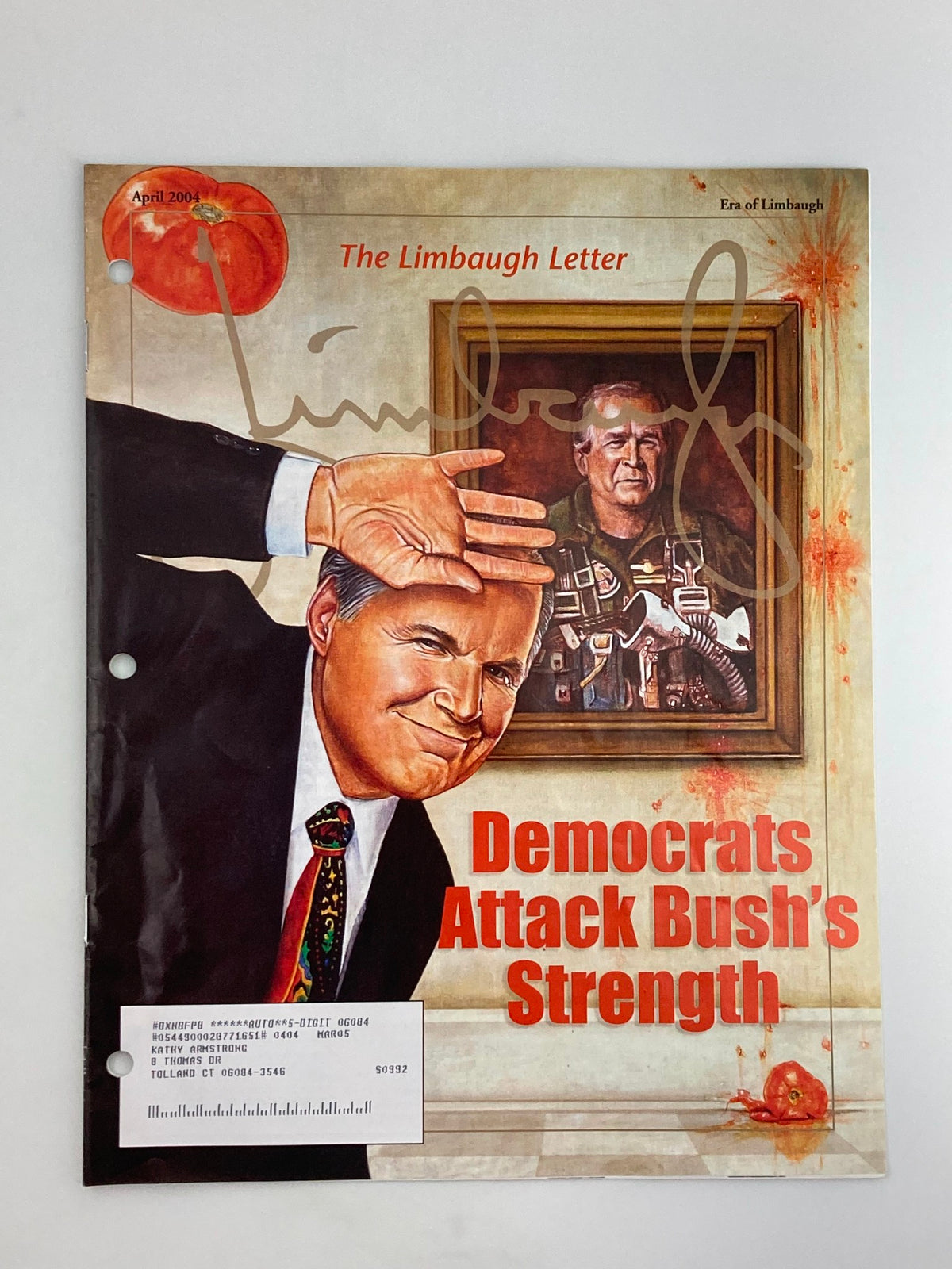 Rush Limbaugh Letter Newsletter Magazine April 2004 cover featuring the headline 'Democrats Attack Bush's Strength' with an illustration showing Rush Limbaugh saluting and a portrait of President George W. Bush.