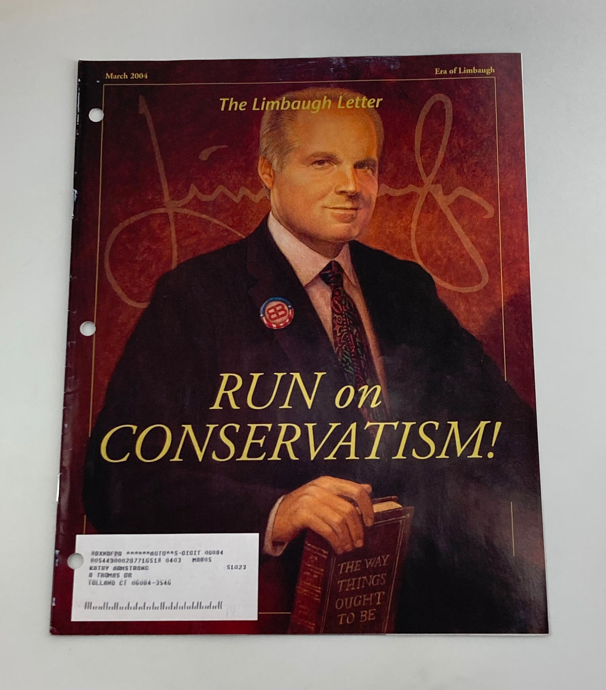 Cover of the Rush Limbaugh Letter Newsletter Magazine from March 2004, titled 'RUN on CONSERVATISM!' featuring an image of Rush Limbaugh.