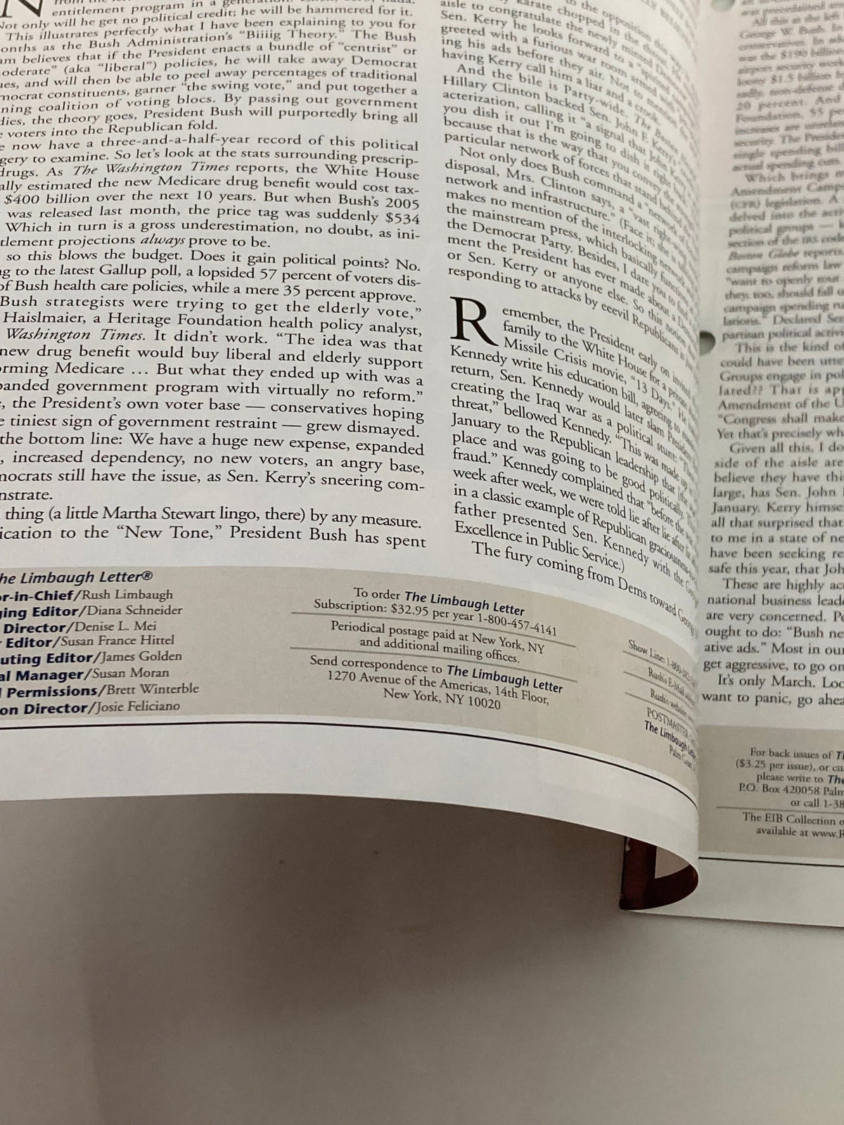 Inside page of the Rush Limbaugh Letter Newsletter Magazine from March 2004, showcasing editorial content related to conservatism.