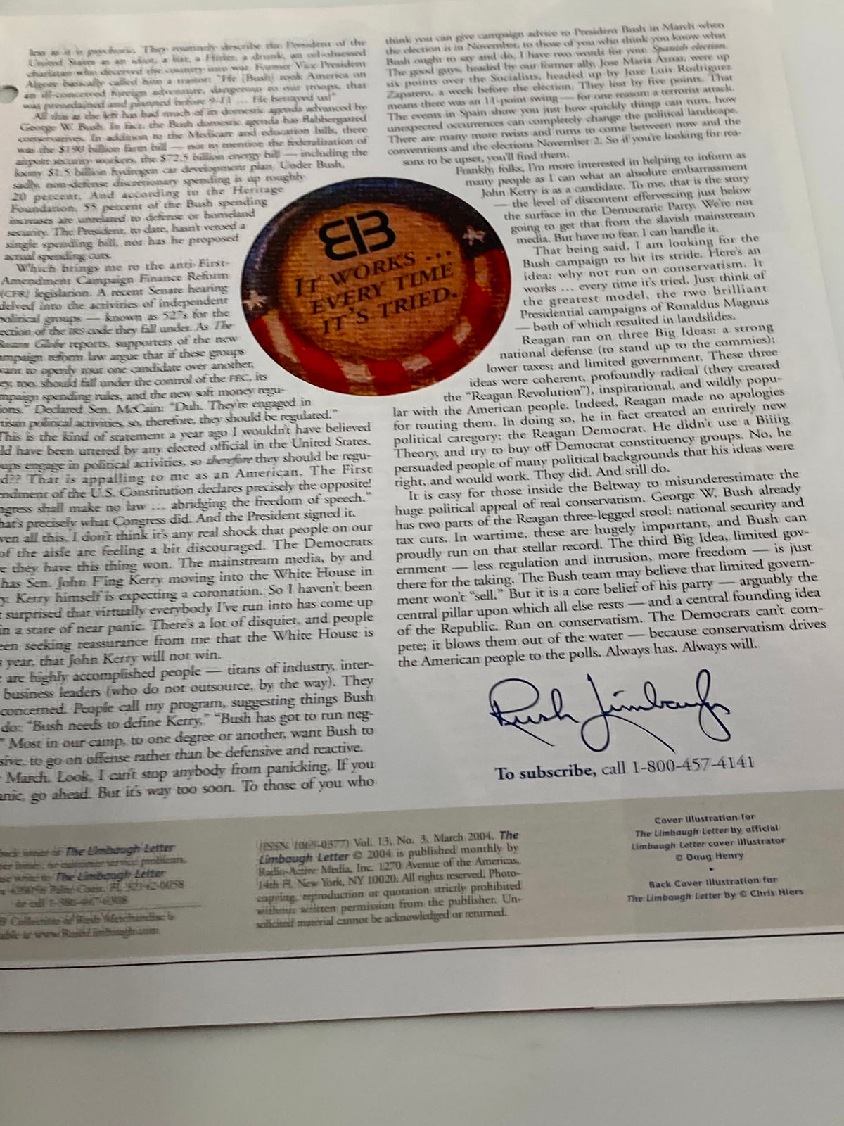 Back page of the Rush Limbaugh Letter Newsletter Magazine from March 2004, featuring a subscription offer and Rush Limbaugh's signature.