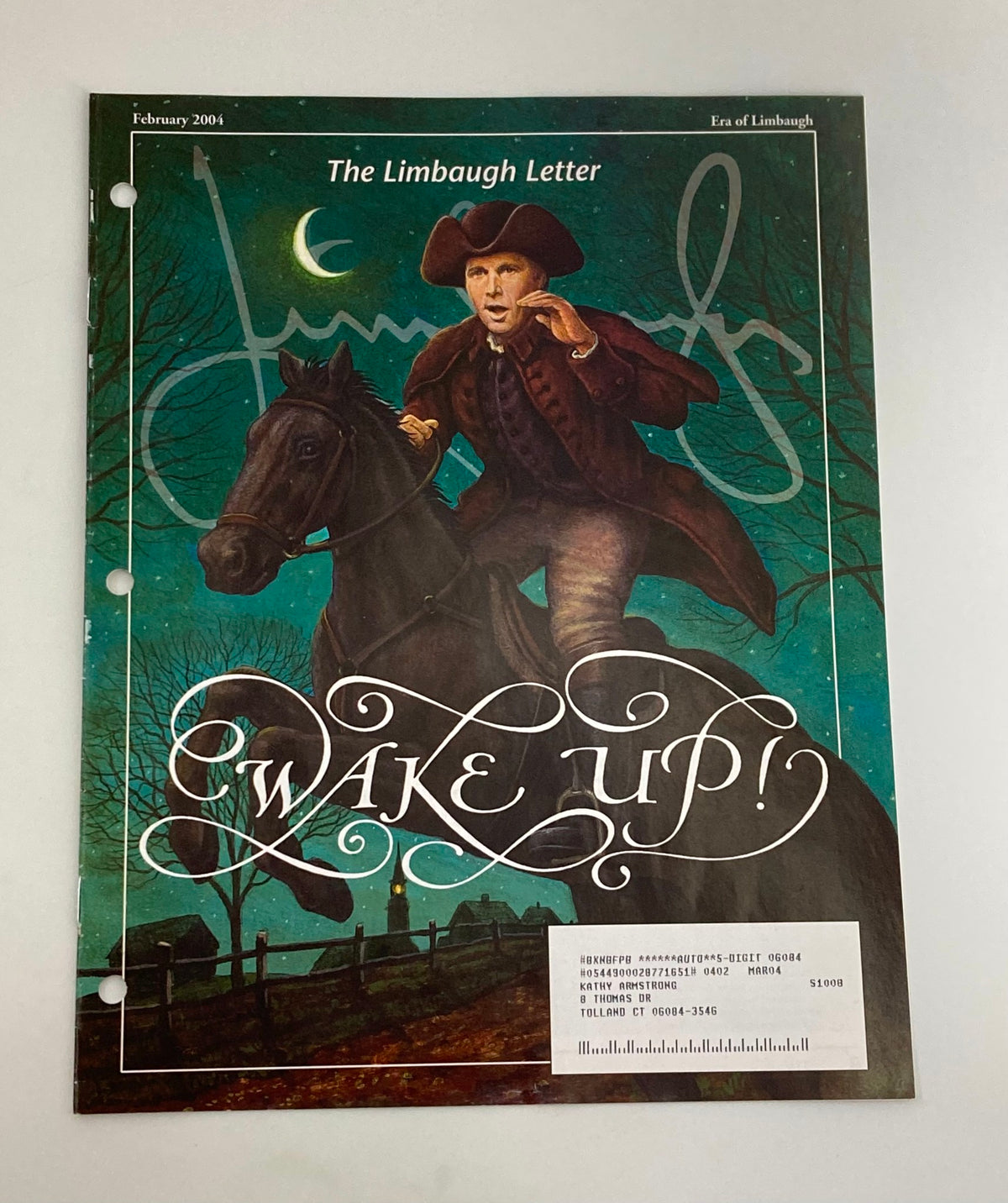 Rush Limbaugh Letter Newsletter Magazine February 2004 featuring a dramatic cover illustration of a man on horseback, set against a dark forest backdrop, with the title 'Wake Up!' prominently displayed.