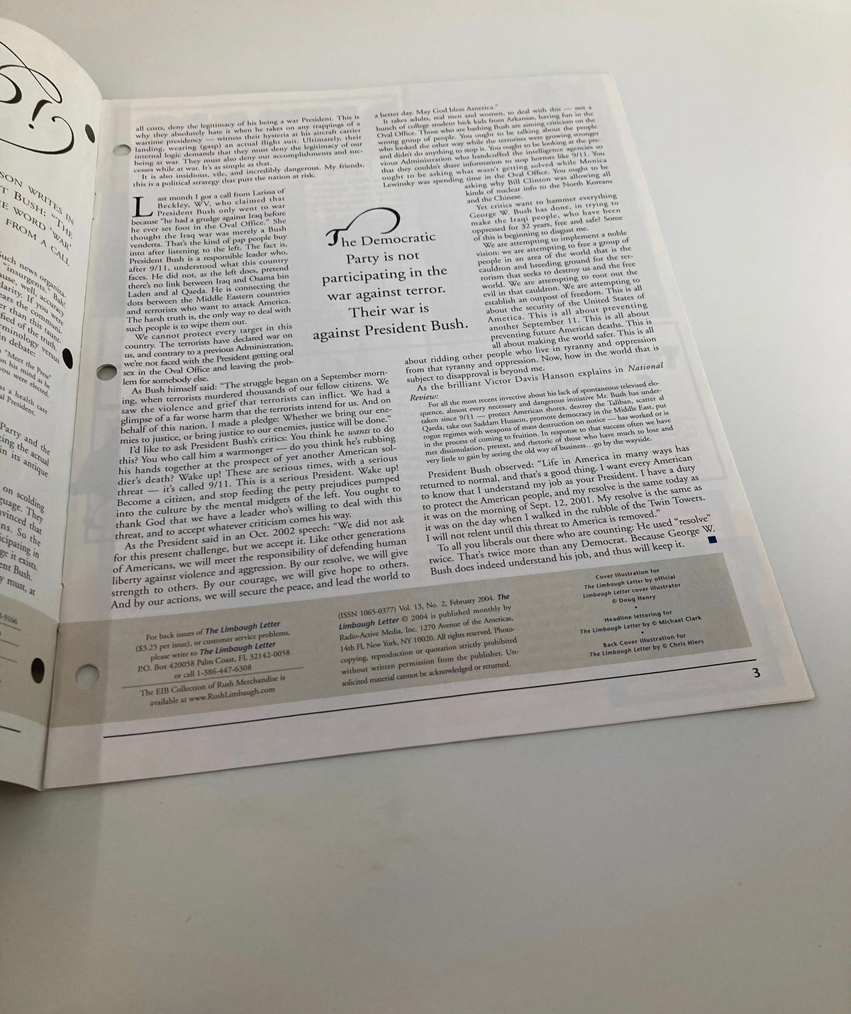 Page from the Rush Limbaugh Letter Newsletter Magazine, February 2004, featuring an article discussing political commentary on the Democratic Party's stance regarding President Bush.
