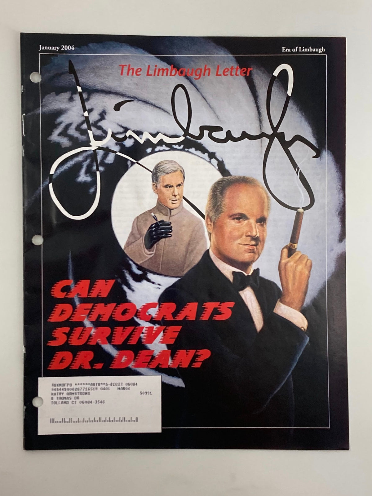 Rush Limbaugh Letter Newsletter January 2004 cover featuring the headline 'Can Democrats Survive Dr. Dean?' with a stylized illustration and Rush Limbaugh's signature.