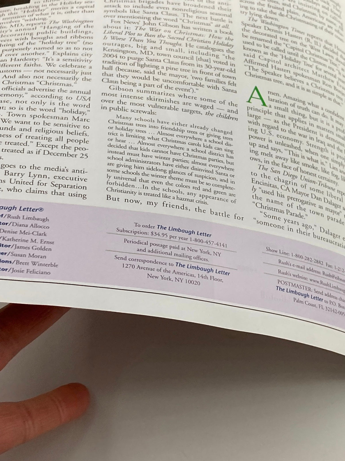 Interior view of the December 2005 Rush Limbaugh Letter Newsletter Magazine displaying subscription information and mailing address.