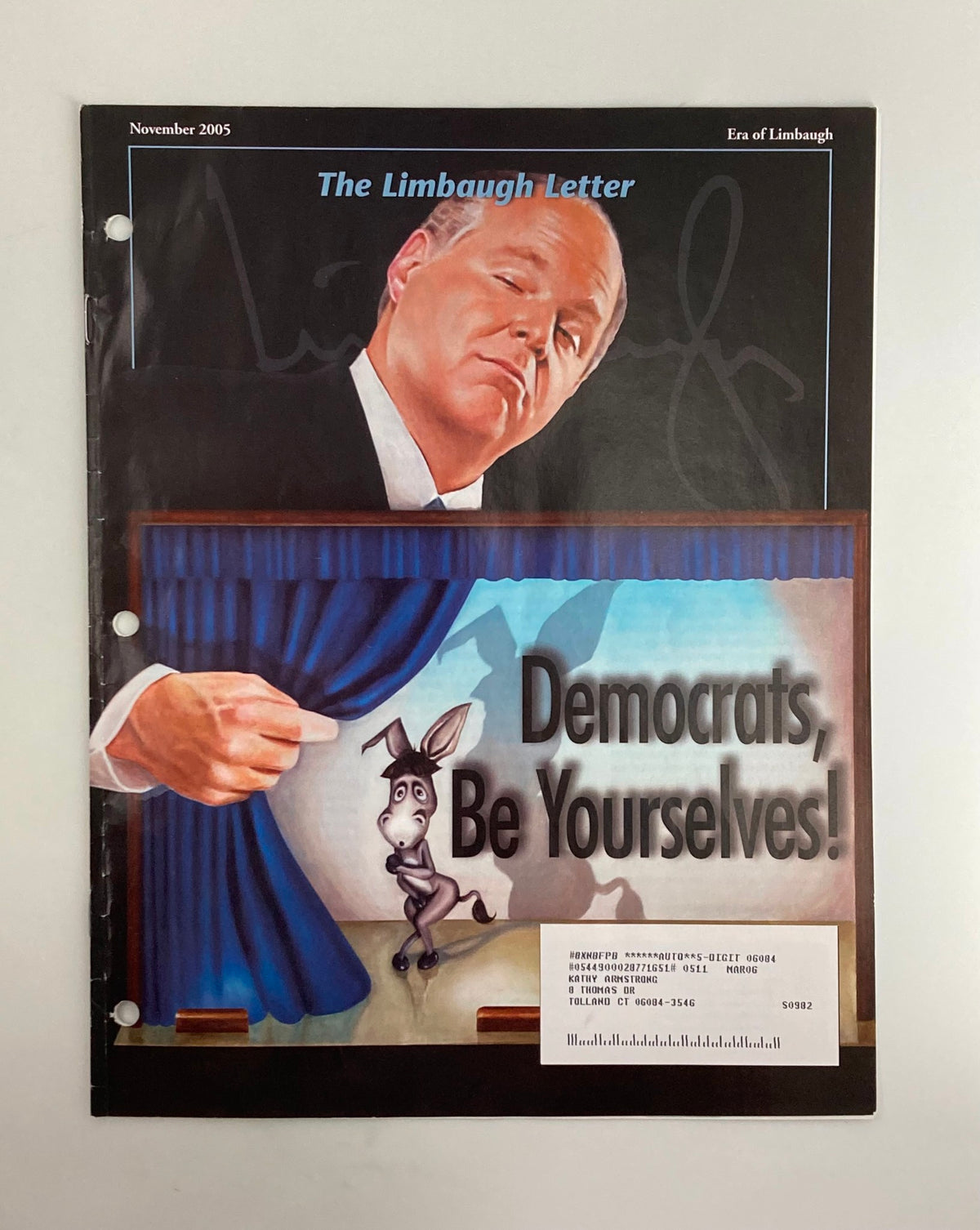 Cover of the Rush Limbaugh Letters Newsletter Magazine from November 2005, showcasing an illustration with a character encouraging Democrats to be themselves, accompanied by Rush Limbaugh's signature.