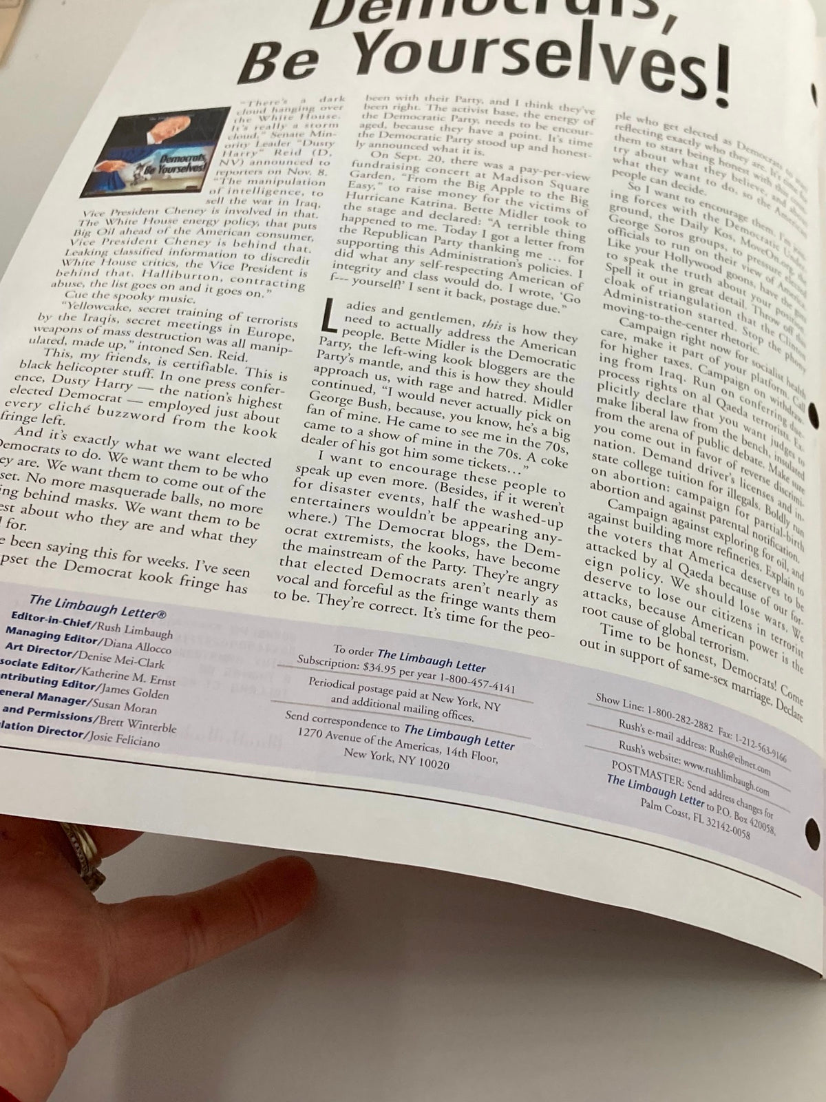 Interior page of the Rush Limbaugh Letters Newsletter Magazine from November 2005, featuring an article discussing Democratic principles and political commentary.