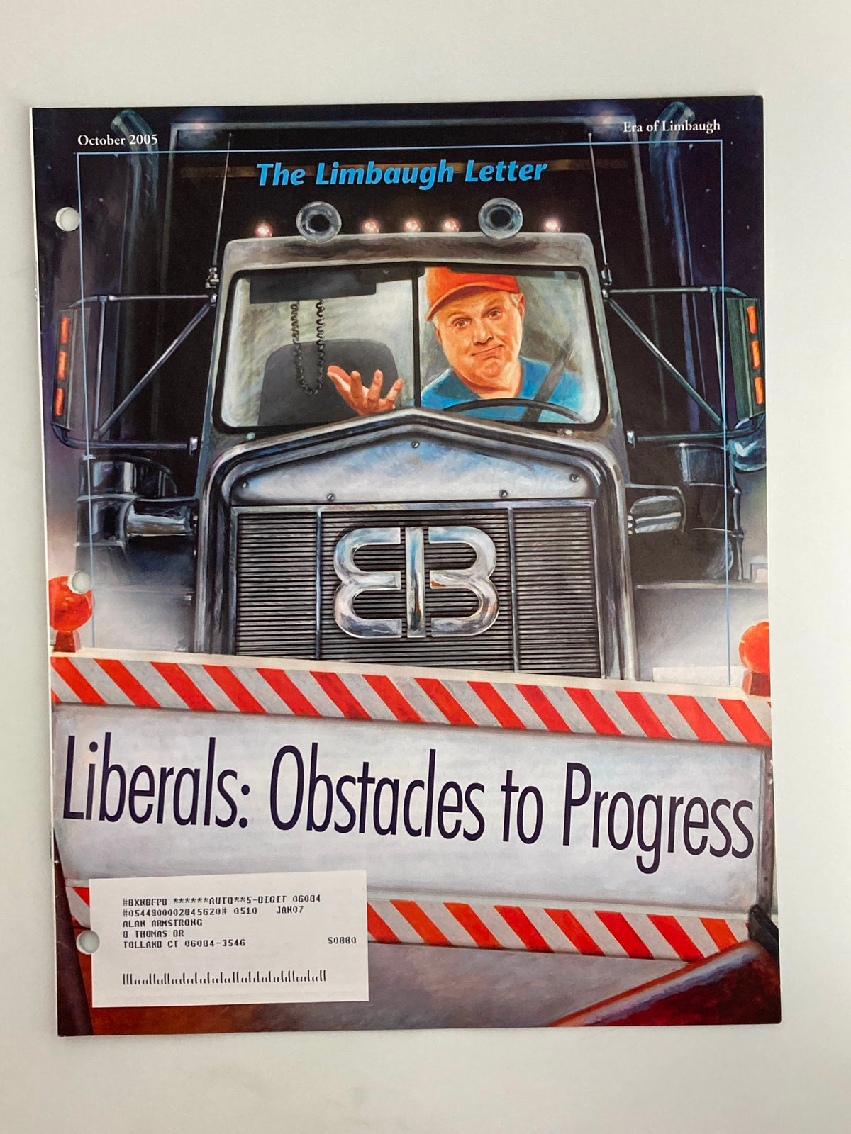 Cover of the Rush Limbaugh Letter Newsletter Magazine, October 2005, featuring the headline 'Liberals: Obstacles to Progress' with an illustration of Rush Limbaugh behind the wheel of a truck.