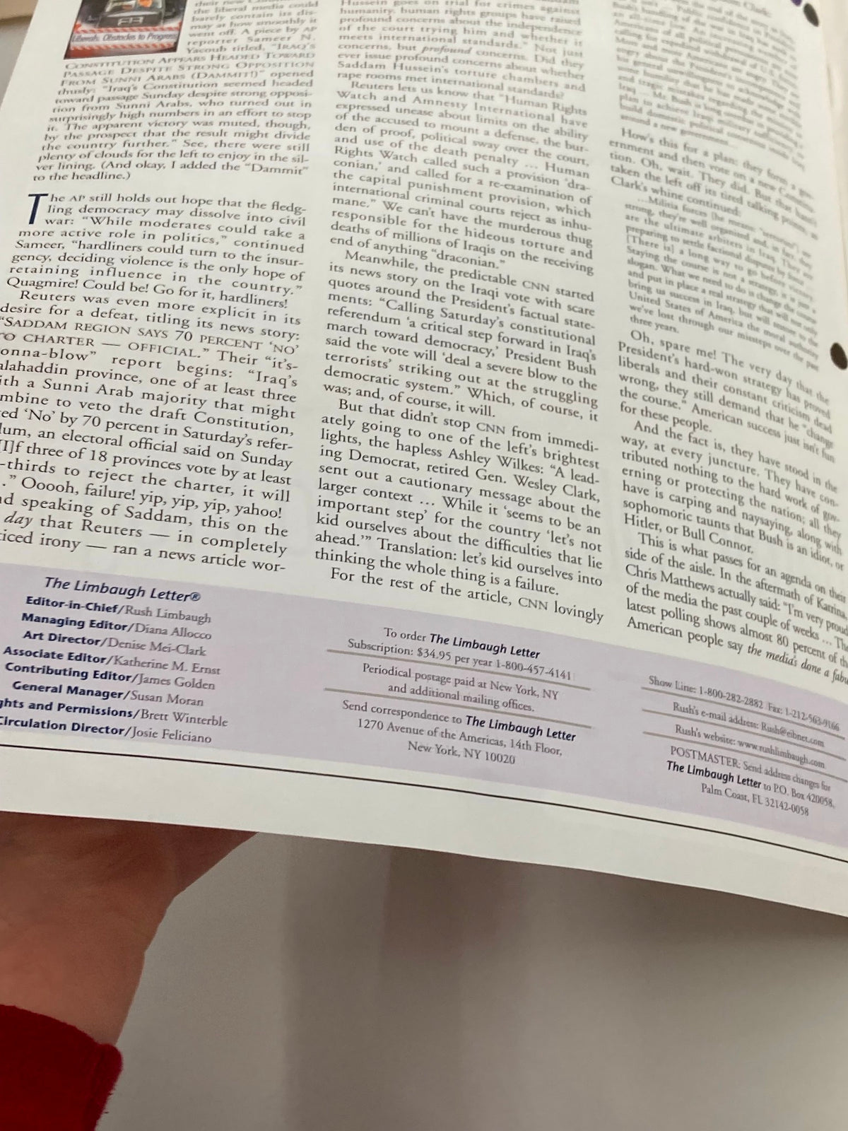 Inside page of the Rush Limbaugh Letter Newsletter Magazine, October 2005, showing an article on political discourse with details about the magazine's layout and a note on editorial contributions.