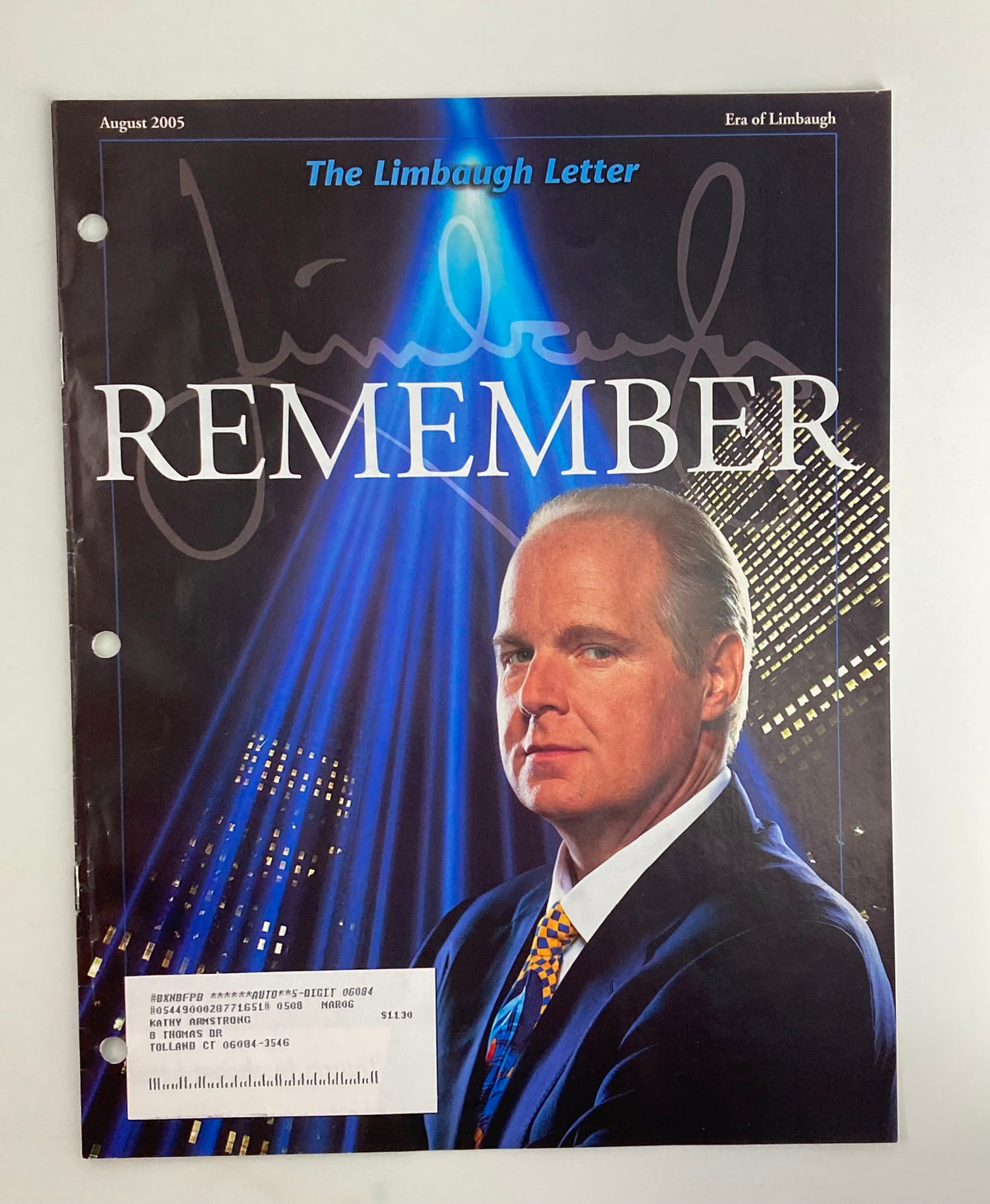 Rush Limbaugh Letter Newsletter Magazine cover from August 2005 titled 'Remember The Twin Towers', featuring Rush Limbaugh against a backdrop of lighting and urban skyline, highlighting the magazine's themes of resilience after 9/11.