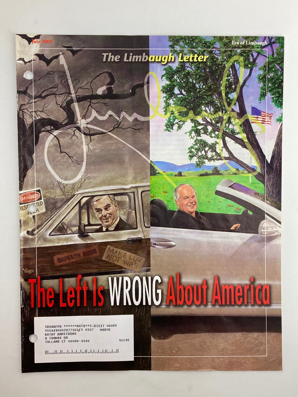 Cover of the Rush Limbaugh Letter Newsletter Magazine from July 2005, featuring the title 'The Left Is WRONG About America' alongside illustrations of political themes.
