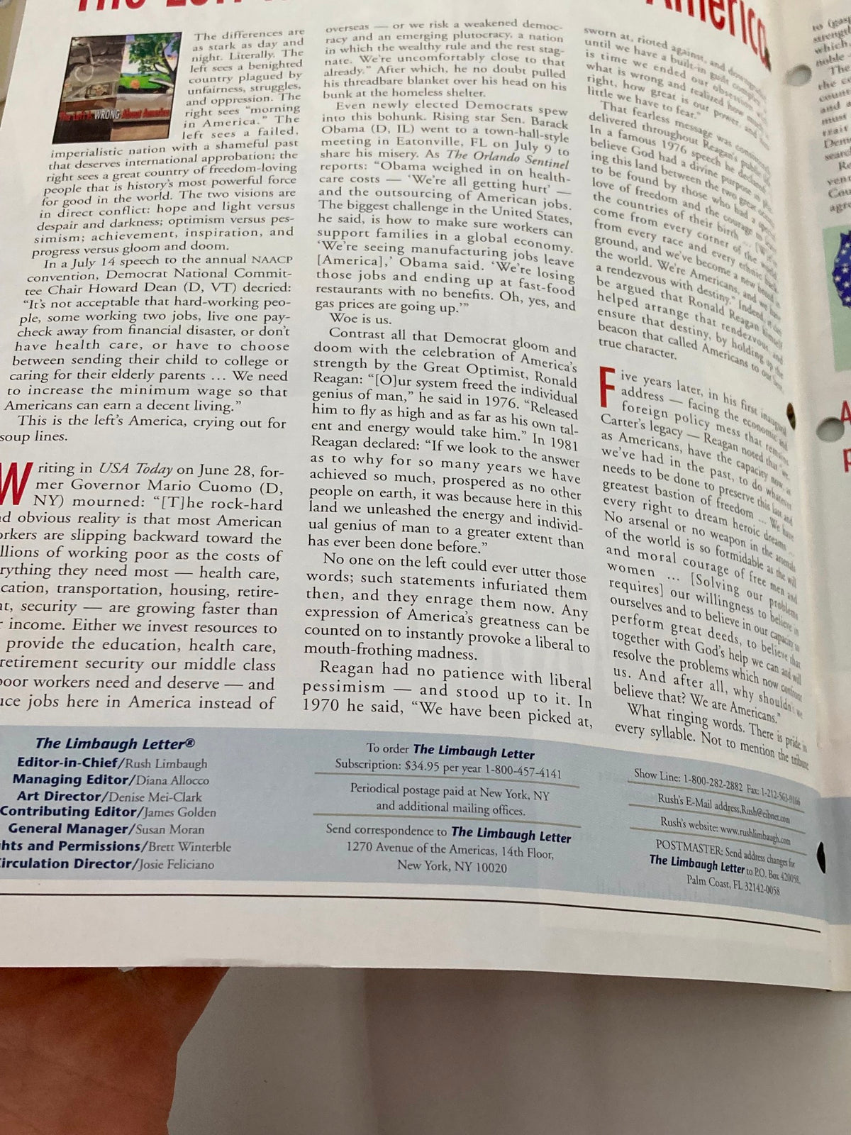 Inside page of the Rush Limbaugh Letter Newsletter Magazine from July 2005, displaying commentary and discussions on American political issues.