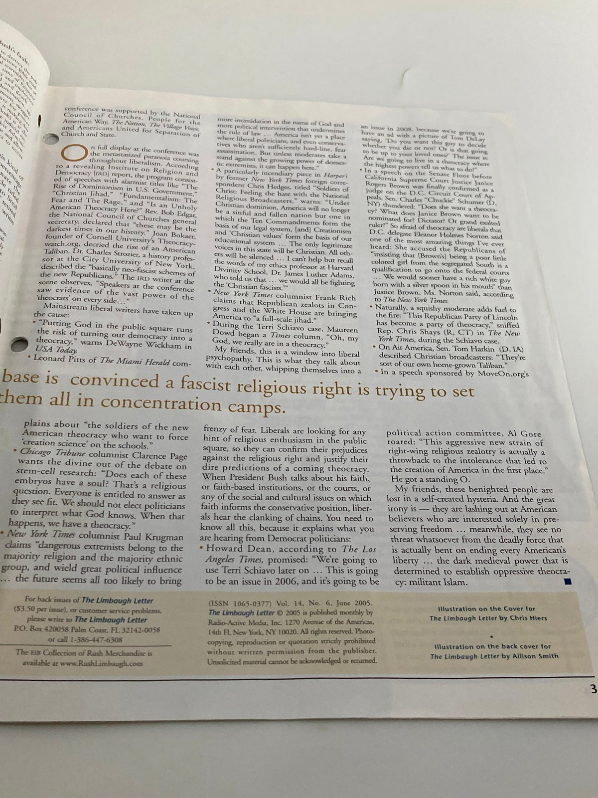 Another interior page of the Rush Limbaugh Letter Magazine June 2005, featuring a discussion about the connection between religion and politics, relevant to the 'Theocracy Paranoia' theme.