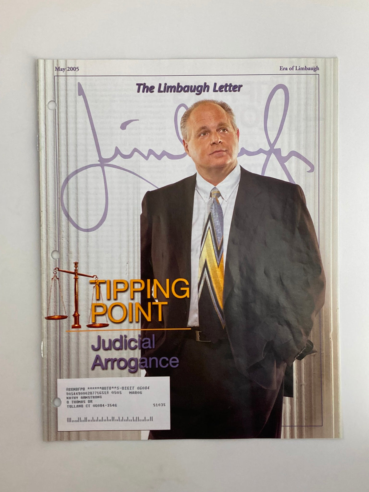 Rush Limbaugh Letter Newsletter Magazine - May 2005 issue featuring Tipping Point: Judicial Arrogance cover, showcasing Rush Limbaugh in a suit.