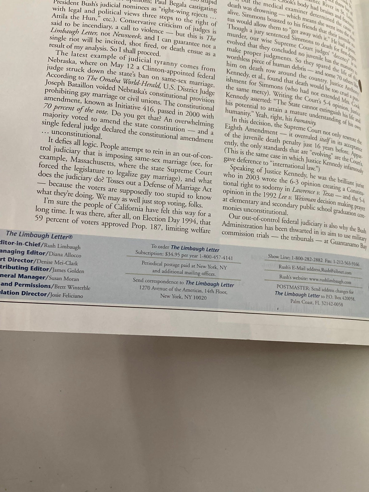 Rush Limbaugh Letter Newsletter Magazine - May 2005 issue back cover with subscription information and editorial staff details.