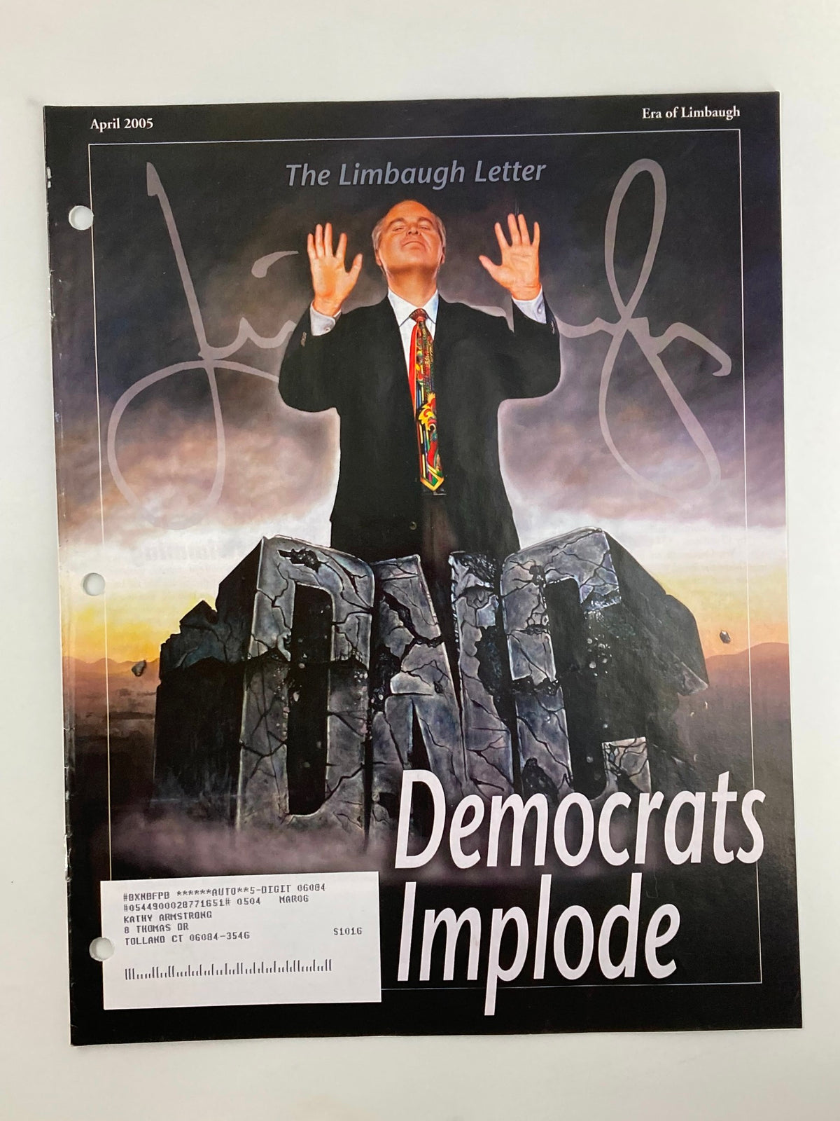 Cover of the Rush Limbaugh Letter Newsletter Magazine April 2005 featuring an illustration of a man in a suit on a rocky outcrop with the text 'Democrats Implode' prominently displayed.