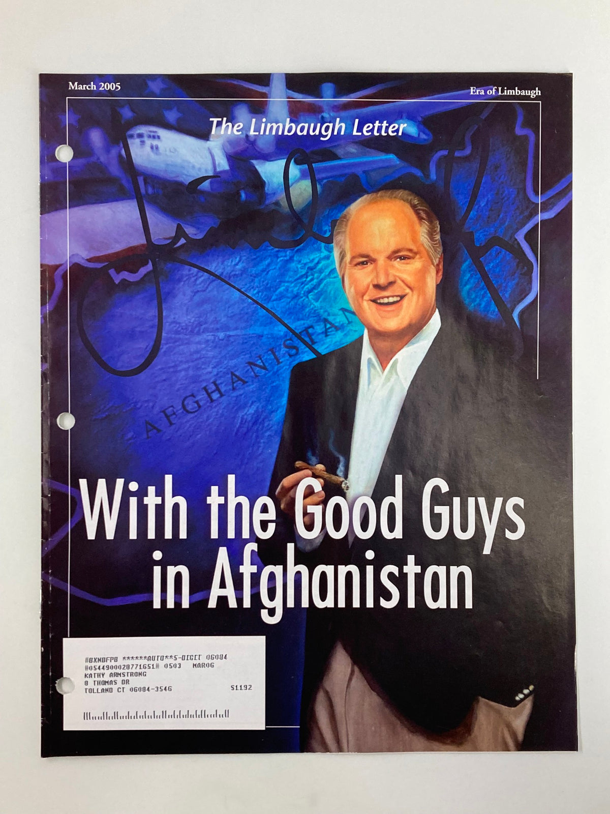 Rush Limbaugh Letter Newsletter Magazine March 2005 cover featuring Rush Limbaugh with the title 'With the Good Guys in Afghanistan', showcasing vibrant graphics and a portrait of Limbaugh.