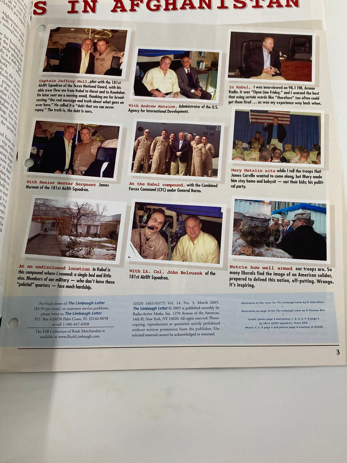 Image from Rush Limbaugh Letter Newsletter Magazine March 2005 showcasing prominent figures and moments relating to the Good Guys in Afghanistan theme, highlighting key personalities and events from the War on Terror.