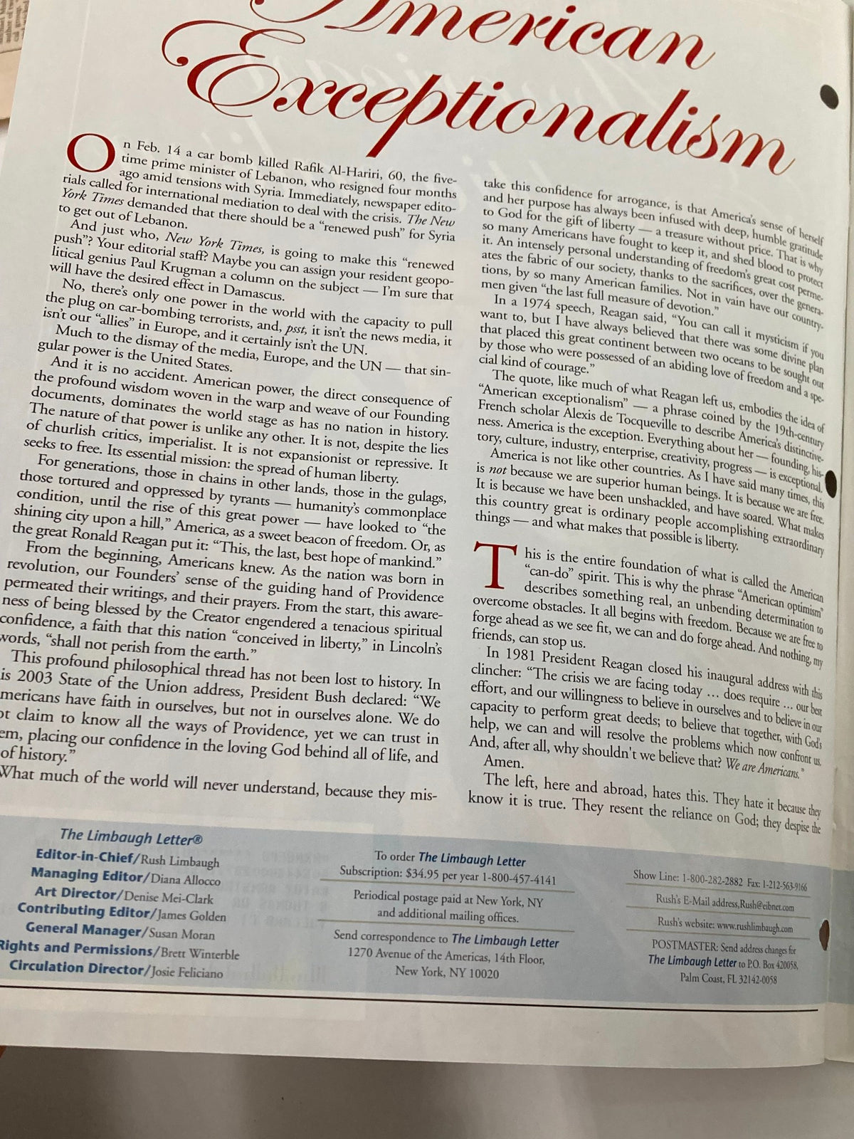 Inside page of Rush Limbaugh Letter Newsletter Magazine February 2005 discussing American Exceptionalism, showcasing formatted text and insights on political themes.